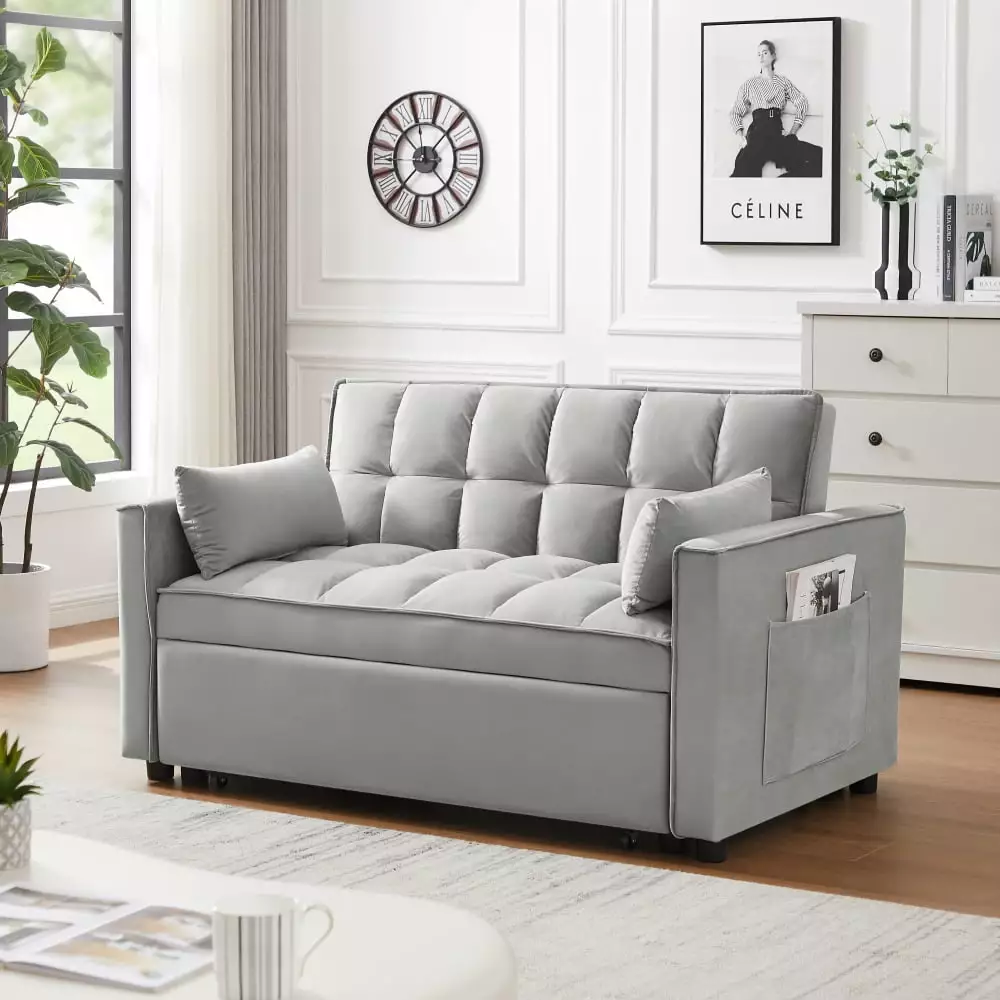 3 in 1 Convertible Sleeper Sofa Bed.Modern Velvet Loveseat Futon Sofa Couch with Pull out Bed.Small Love Seat Lounge Sofa with Reclining Backrest.Toss Pillows.Pockets.Furniture for Living Room .Gray