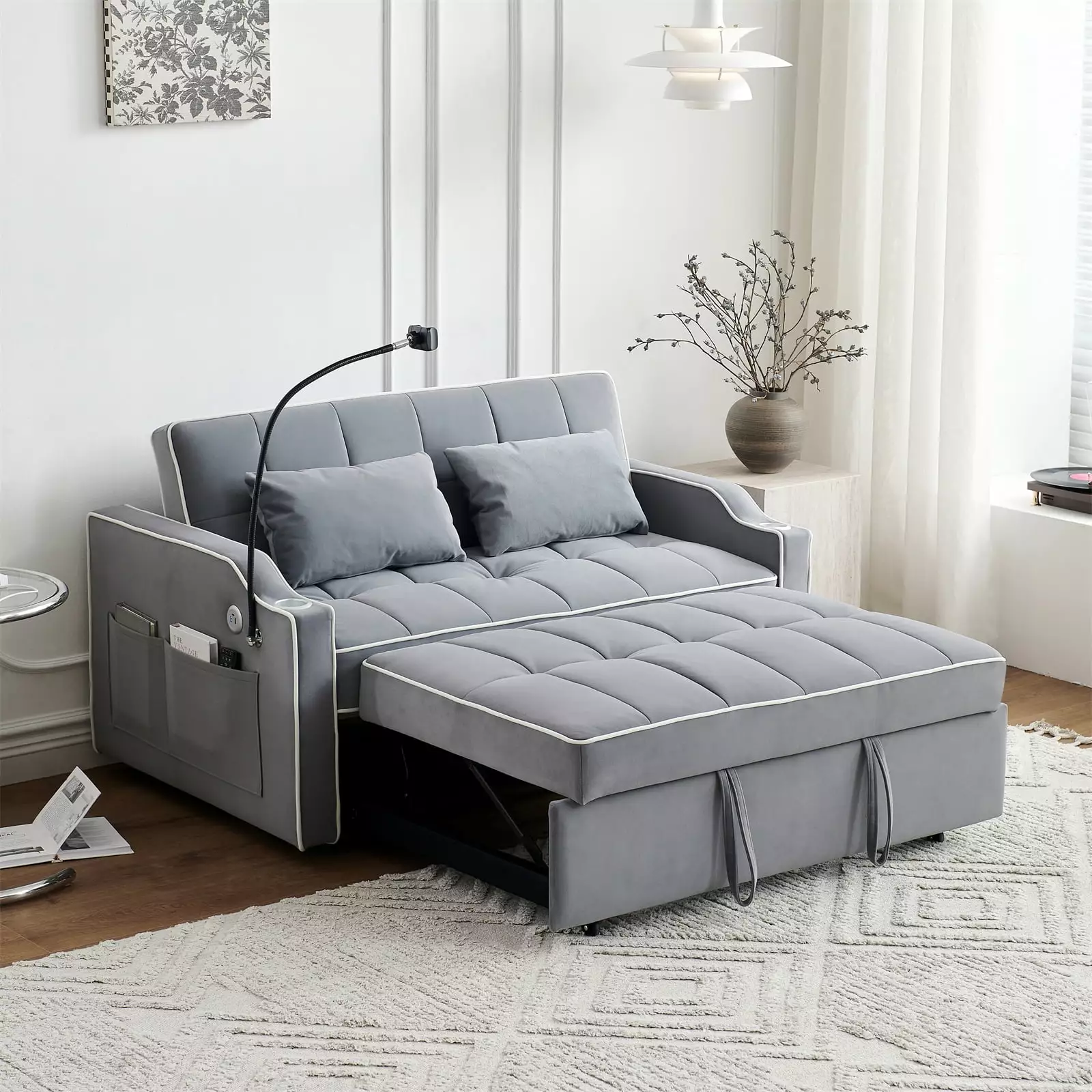 3 in 1 Convertible Sleeper Sofa Bed with Phone Stand.Velvet Pull Out Couch Bed with USB&Type C Port.Comfy Futon Loveseat with Adjustable Backrest&Cup Holder for Living Room Apartment Grey