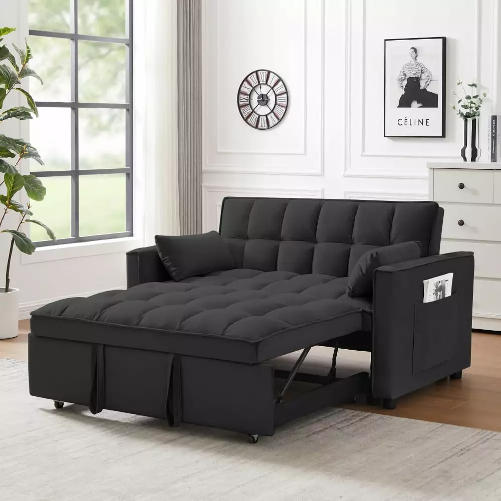 3 in 1 Convertible Sleeper Sofa Bed with Pockets. Modern Velvet Loveseat Futon Lounge Sofa Couch with Pull-Out Bed. Reclining Backrest & Pillows for Living Room. Black