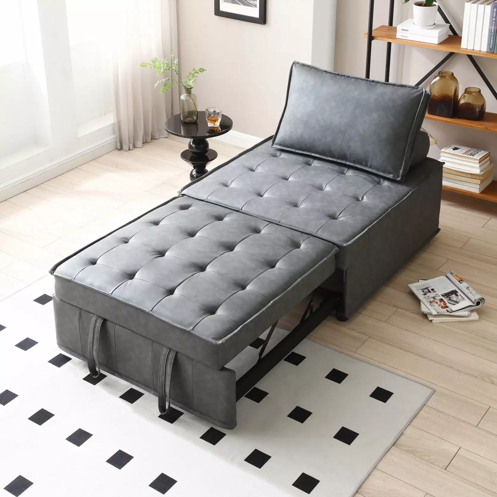 3 in 1 Faux Leather Ottoman Sectional Sofa Bed.Convertible Folding Sleeper Sofa Bed with Pull Out Bed.Convertible Couch Bed for Living Room.Small Space.Apartment