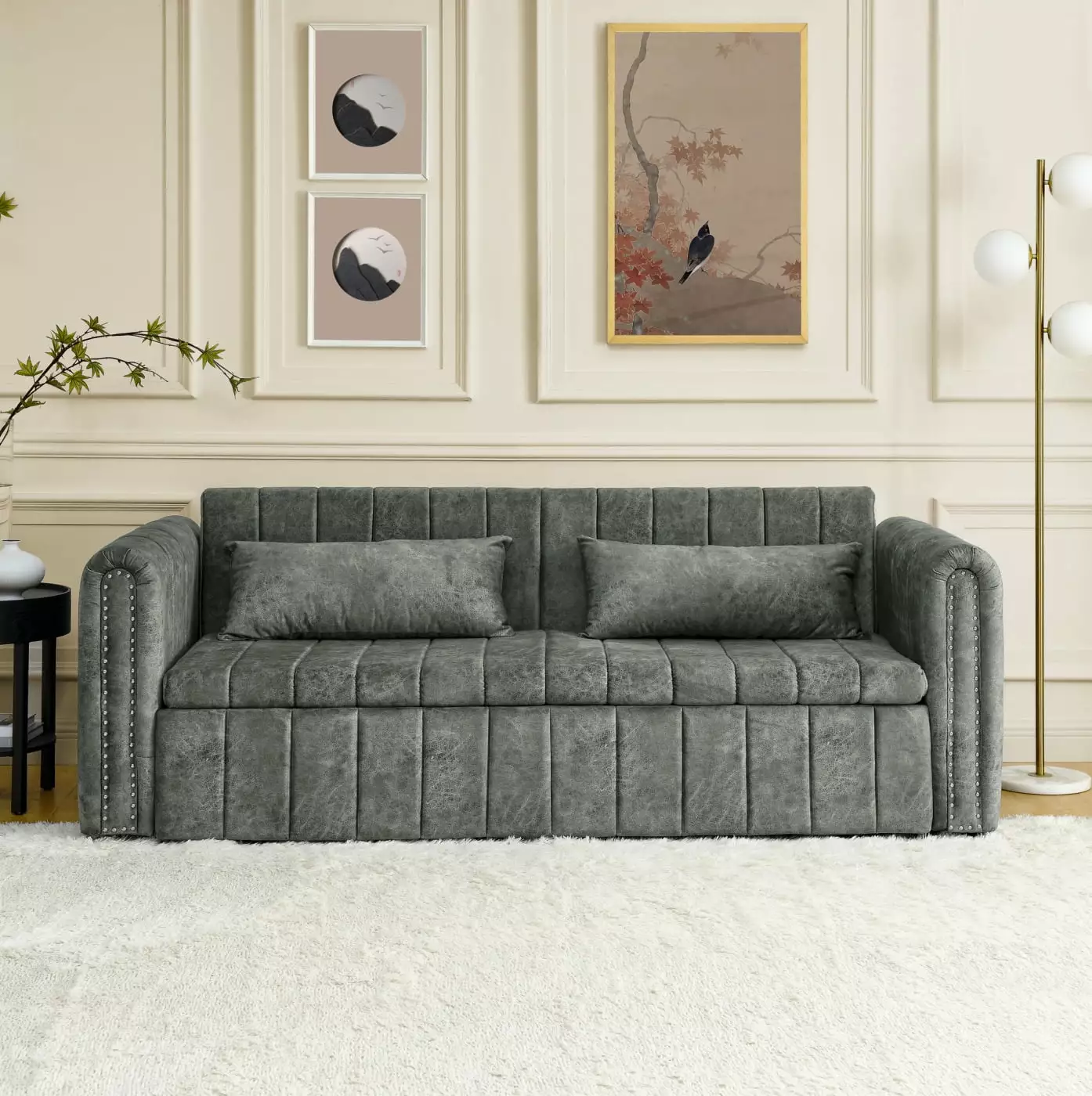 3 in 1 Pull-Out Sleeper Sofa Bed with Drawers and Pillows.Modern Convertible 3 Seats Sectional Couch with Rolled Arms and Copper Nails for Small Space.Living Room. Grey