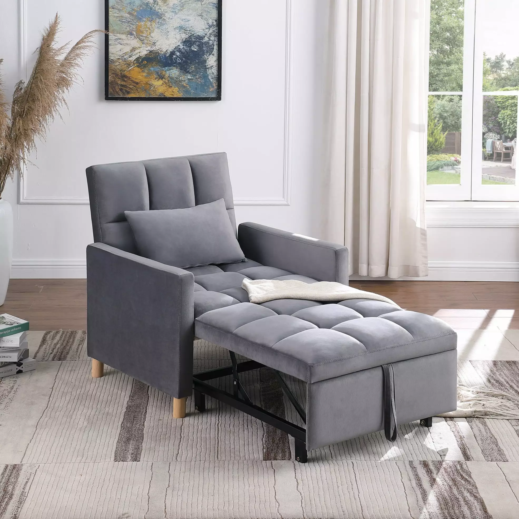 3 In 1 Convertible Sleeper Sofa Chair Bed. Adjustable Futon Sofa Recliner Sleeper Chair Bed with Pillow. Velvet Armchair Accent Chair for Living Room. Dorm. Apartment. Bedroom. Office. Gray