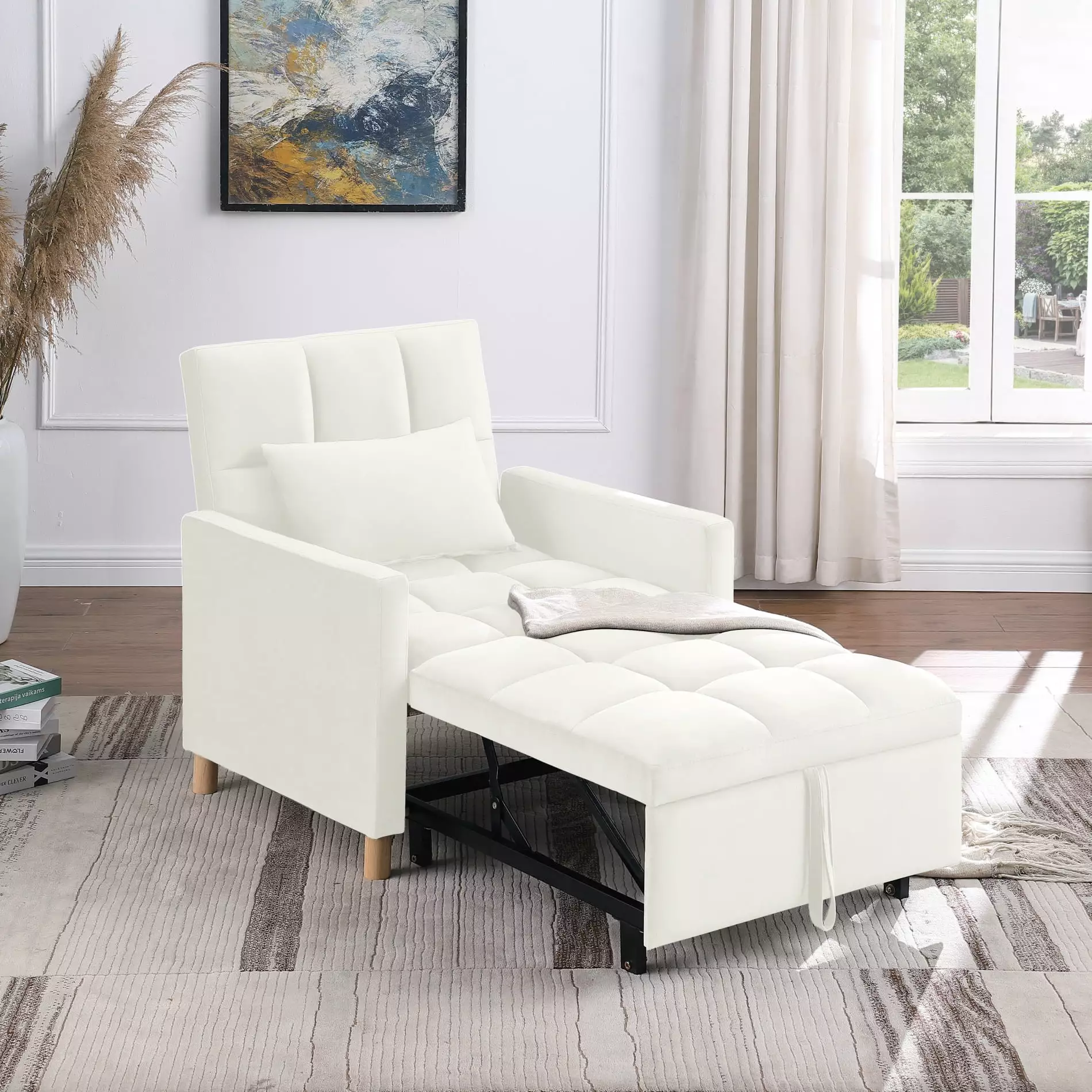 3-In-1 Sleeper Chair. Velvet Convertible Chair Bed with Pull Out Bed and Adjustable Back. Folding Ottoman Bed with Button Tufted Seat for Living Room. Bedroom. 330LBS Weight Capacity. Beige