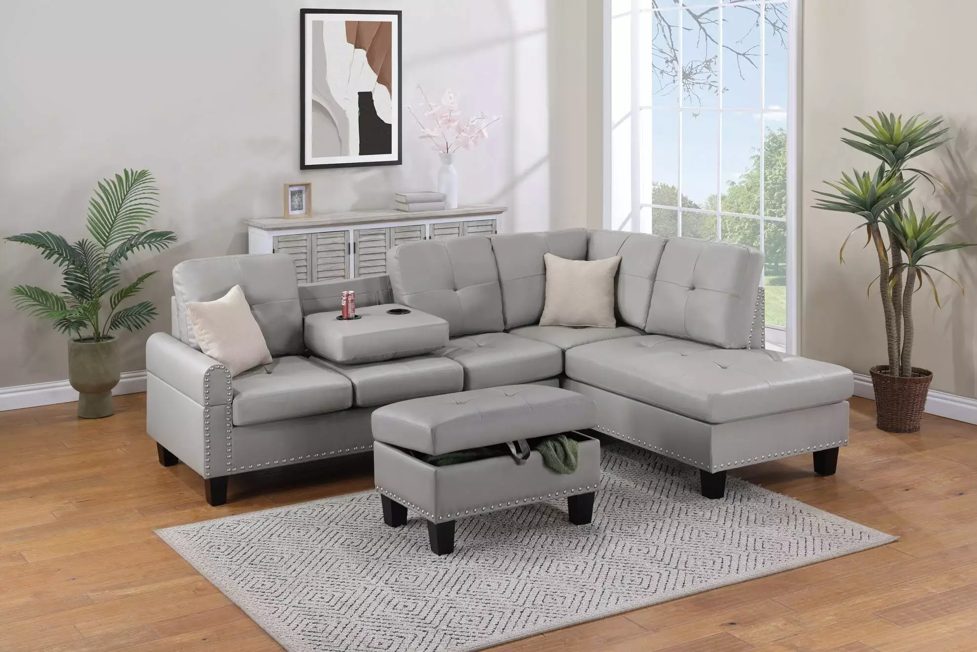 3-PCS Modular Sectional Sofa. 101 Upholstered Faux Leather Couch with Storage Ottoman. Cup Holder. Combination Sofa Couches for Living Room. Bedroom. Office. Apartment. Grey