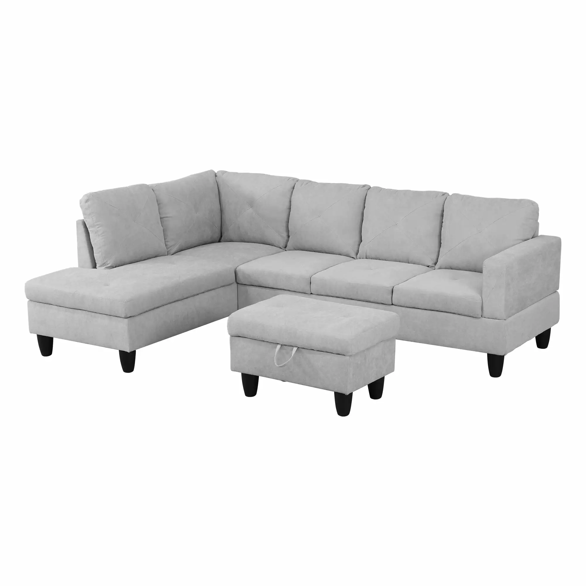 3 Piece Sectional Couch Modular Sofa with Chaise. Flannel L-Shaped Furniture Sets with Storage Ottoman for Living Room. Gray White