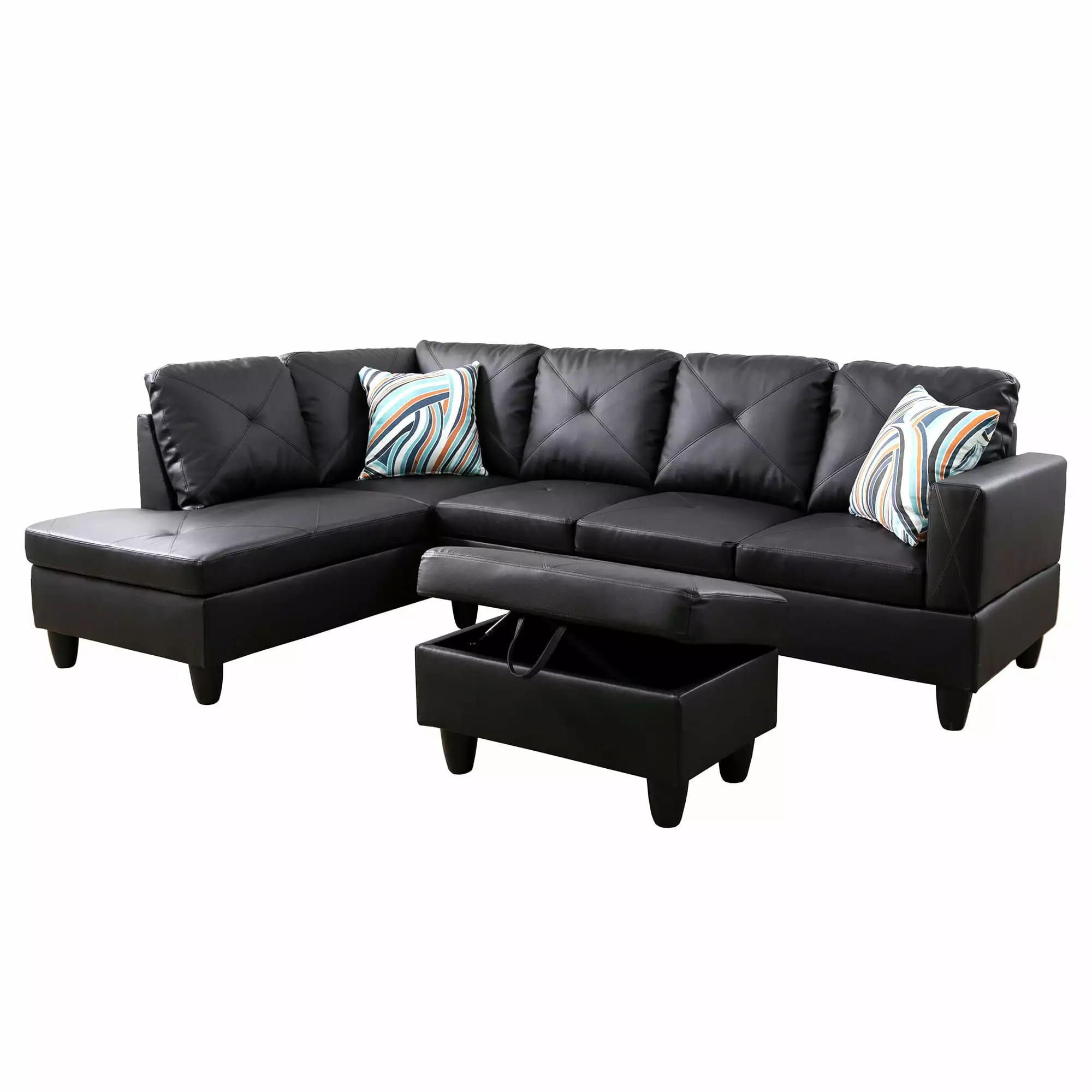 3 Piece Sectional Couch Modular Sofa with Chaise. Leather L-Shaped Furniture Sets with Storage Ottoman for Living Room. Black