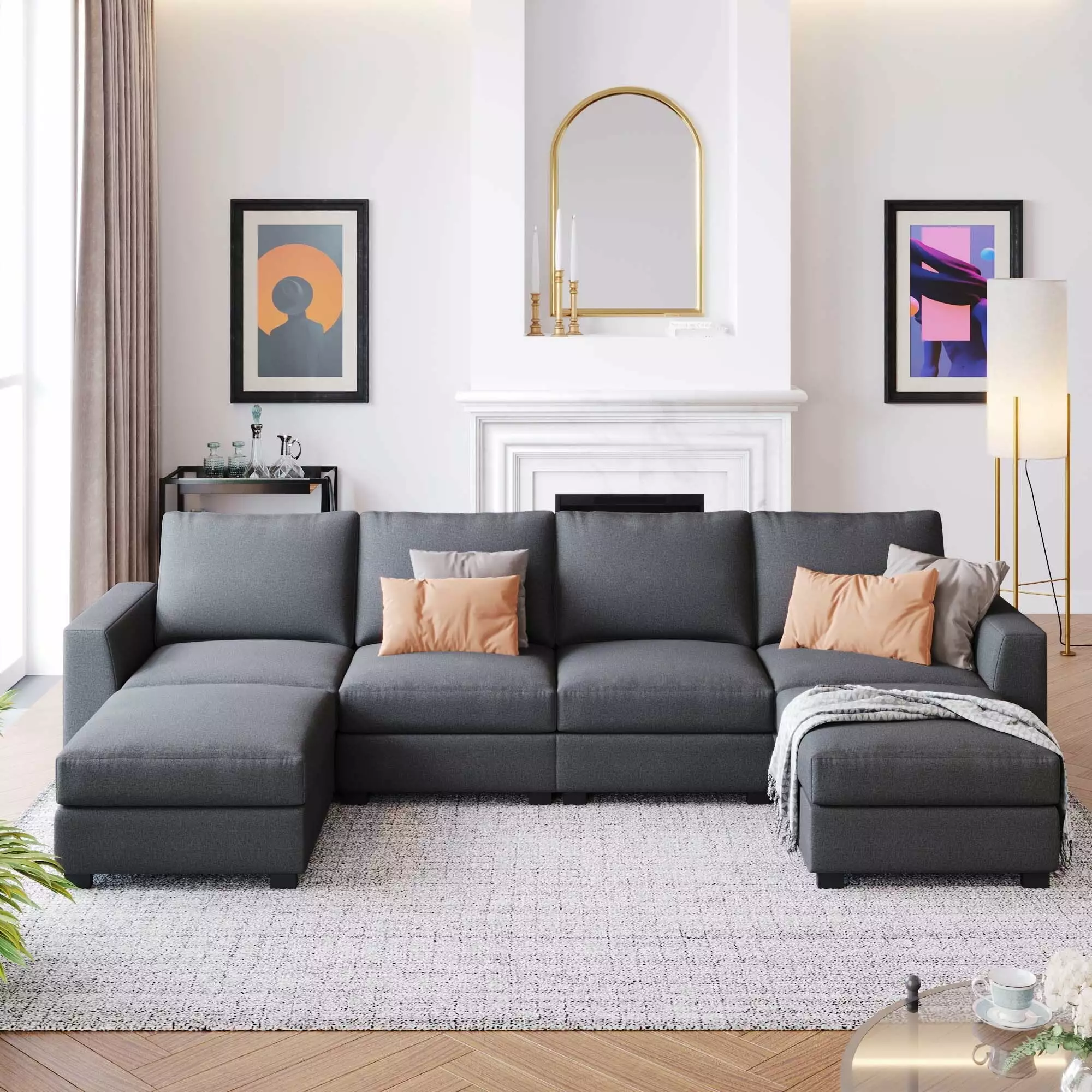 3 Pieces U shaped Sofa with Removable Ottomans Grey