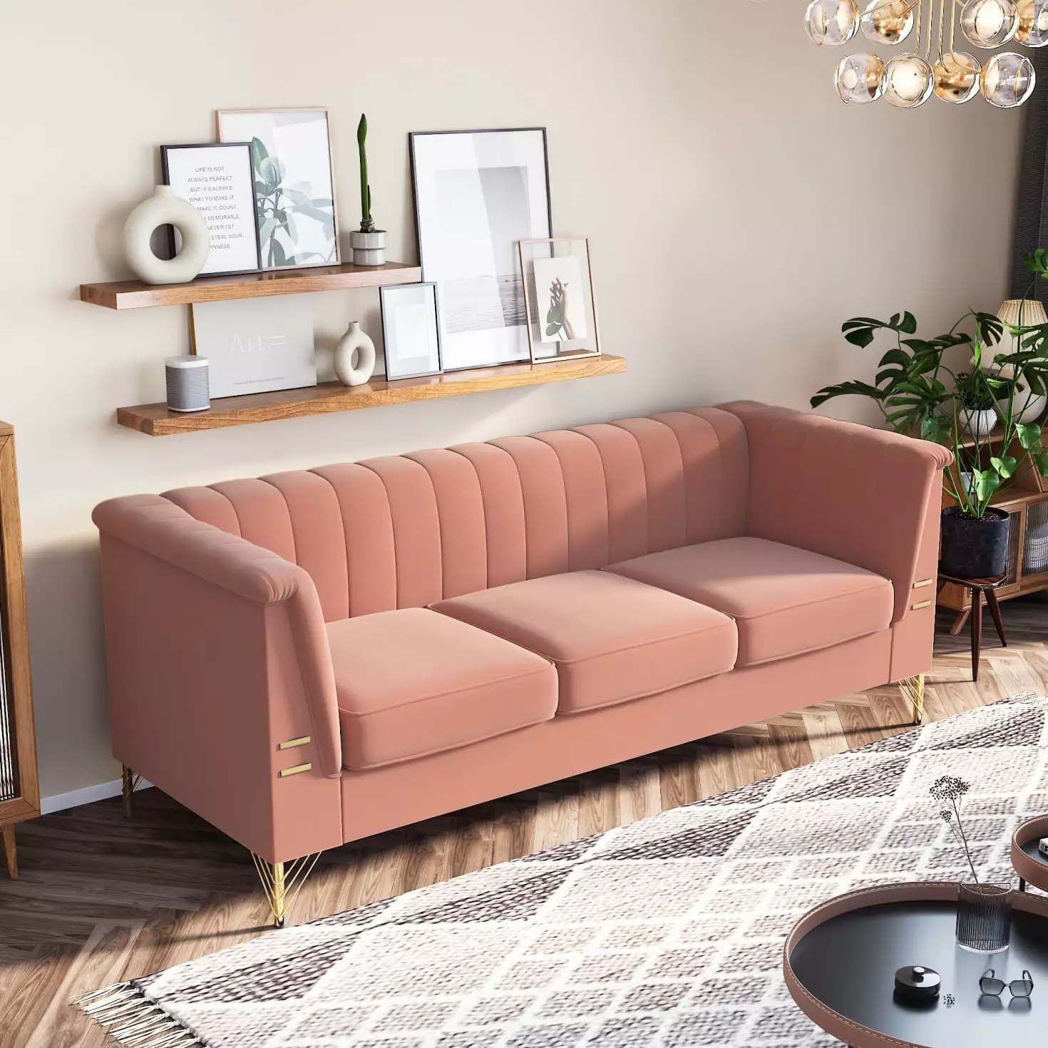 3-Seat Chesterfield Sofa. 82 Velvet Sofa with Gold Metal Legs and Removable Cushion. Tufted Accent Arm Sofa Furniture for Living Room. Office. Bedroom. Apartment. Pink