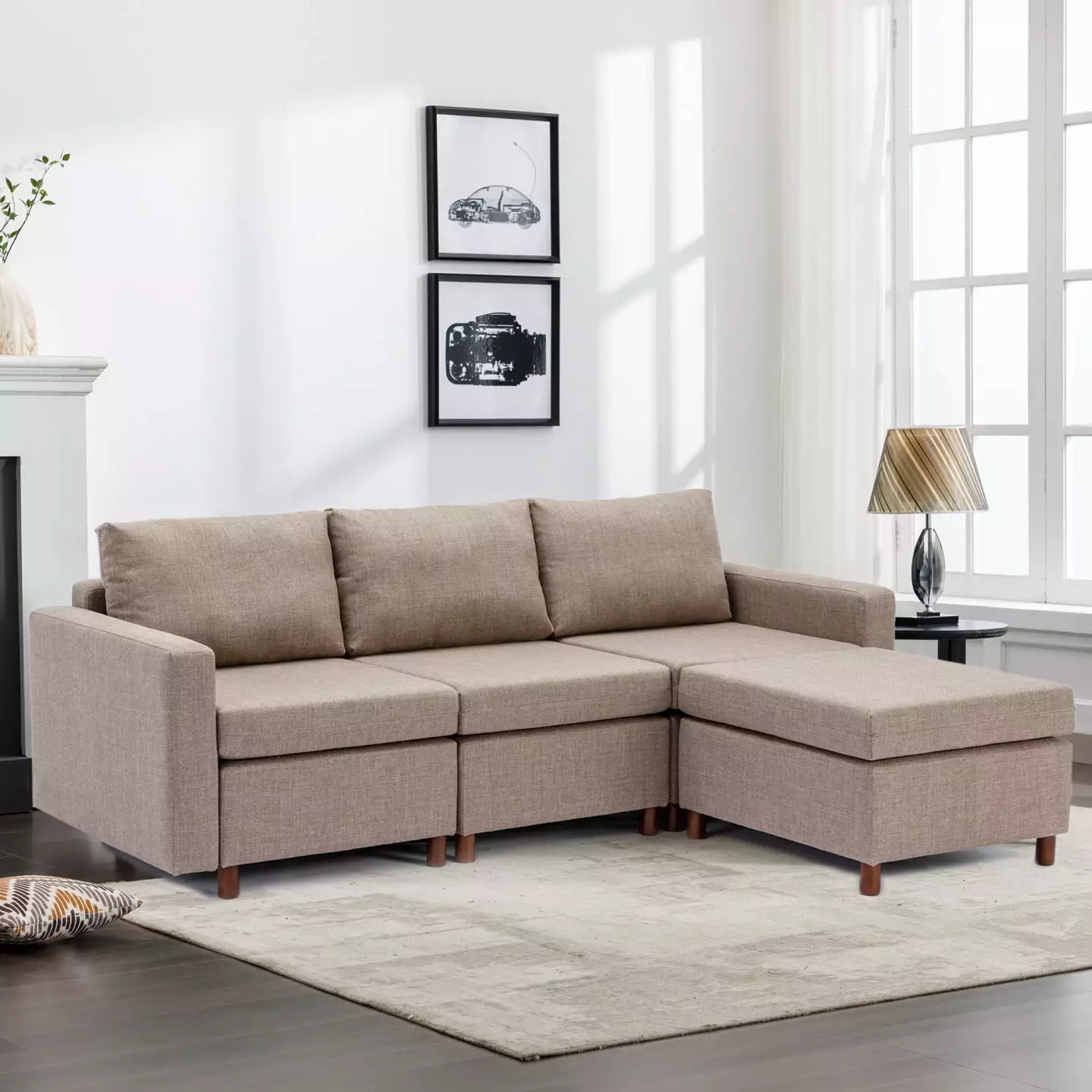 3 Seat Linen Fabric Module Sectional Sofa with 1 Ottoman. Customizable Sectional Sofa Couch. Accent ArmChair Chair with Pillow. Comfy Modular Sofa for Living Room .Apartment. Home and Office. Brown