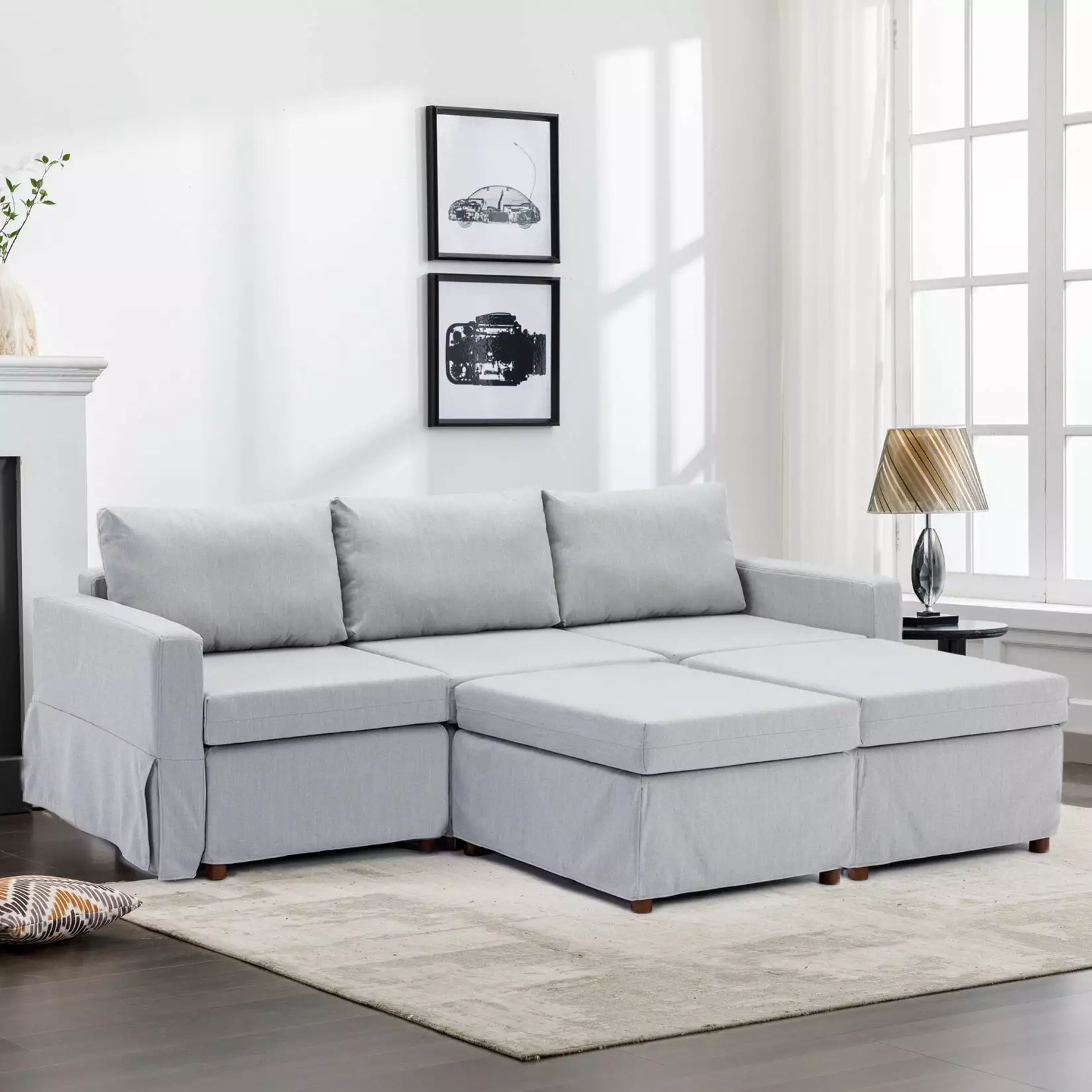 3 Seat Module Sectional Sofa Couch With 2 Ottoman Sleeper Sofa Chaise for Living Room. Seat Cushion and Back Cushion Removable and Washable. Light Gray