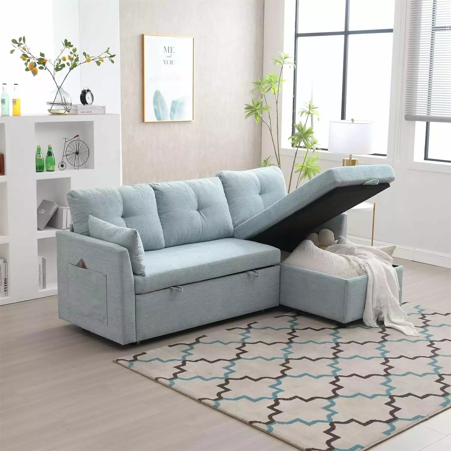 3 Seater Modular Sectional Sofa with Pull-Out Bed and Reversible Storage Chaise. Comfy Chenille L Shaped Convertible Sleeper Couch with Pocket Sectional 3 Seat Couch for Living Room Home Office