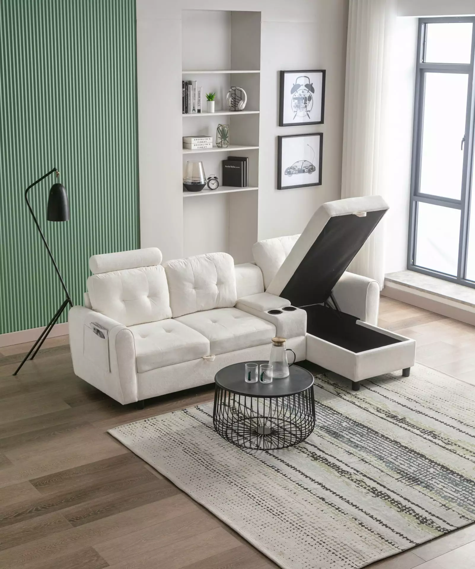 3-Seater Sectional Sofa with Storage Seats. Modern L-Shaped Sofa with Chaise. Cup Holders and Side Pockets. High Back Couches for Living Room. Apartment. White