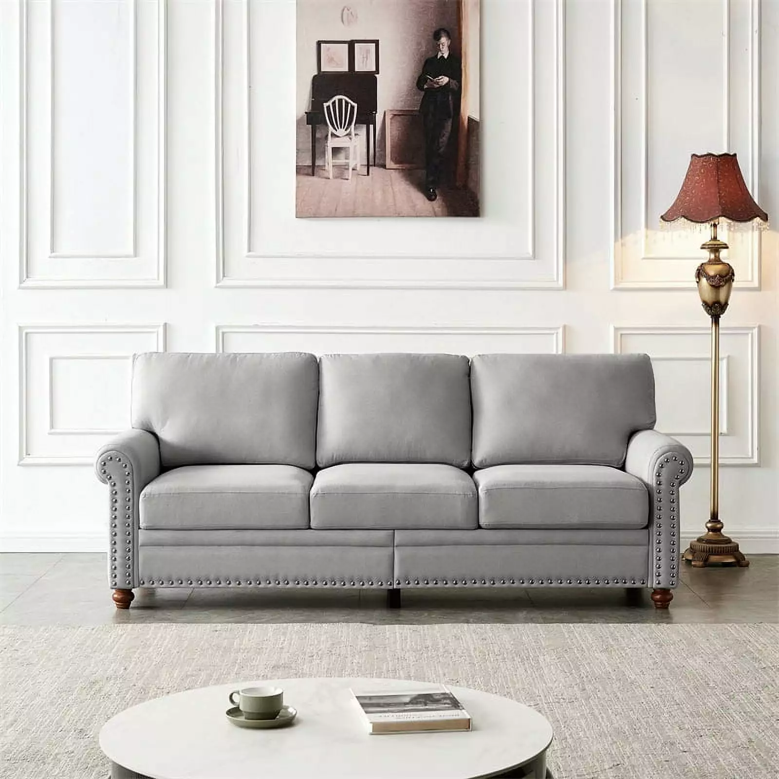 3 Seater Sofa. 82.6 Modern Linen Fabric Tufted Upholstered Accent Sofa with Storage Box and Silver Nails. Curved High Back and Solid Wood Leg for Living Room. 7 Inches Seat Cushion. Grey