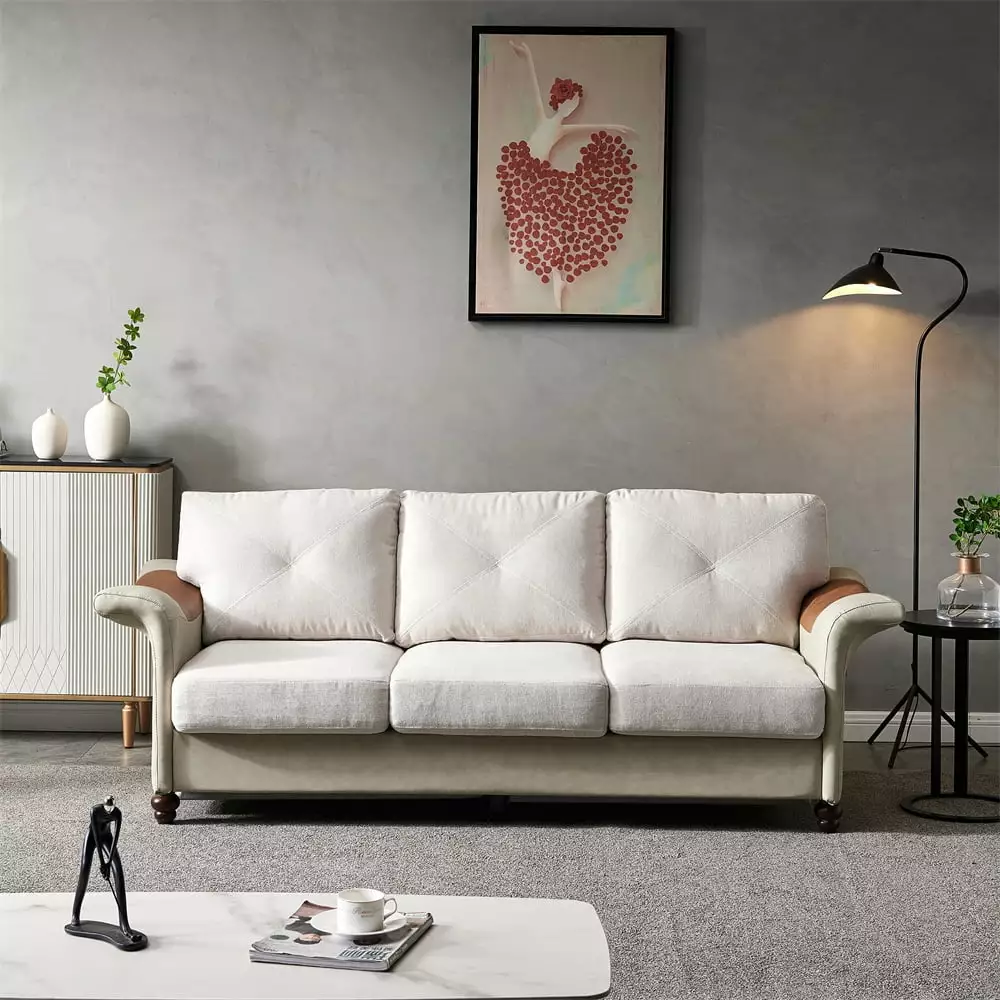 3 Seater Sofa. 84 Modern Linen Fabric Tufted Upholstered Accent Sofa with Faux Leather and Solid Wood Leg 3-Seater Sofa with Curved High Backrest & Arm & 7 Inches Seat Cushion for Living Room. Beige