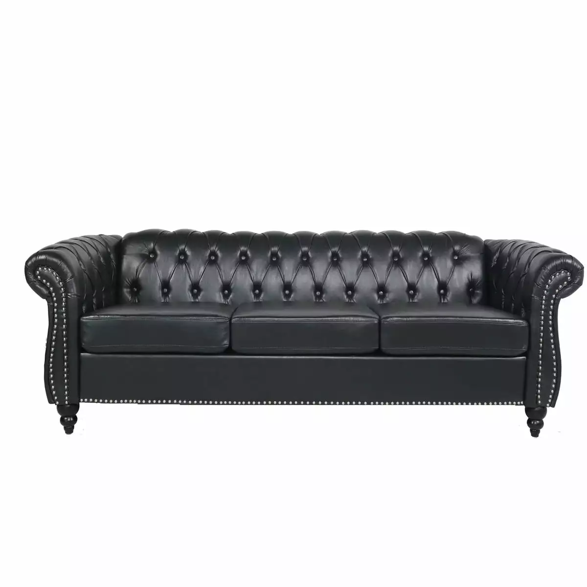 3 Seater Sofa Couch. 84 PU Rolled Arm Three Seater Sofa Button Tufted Couch with Channel Tufted Seat Back. Upholstered Leather Sofa Chesterfield PU Faux Settee for Living Room. Black