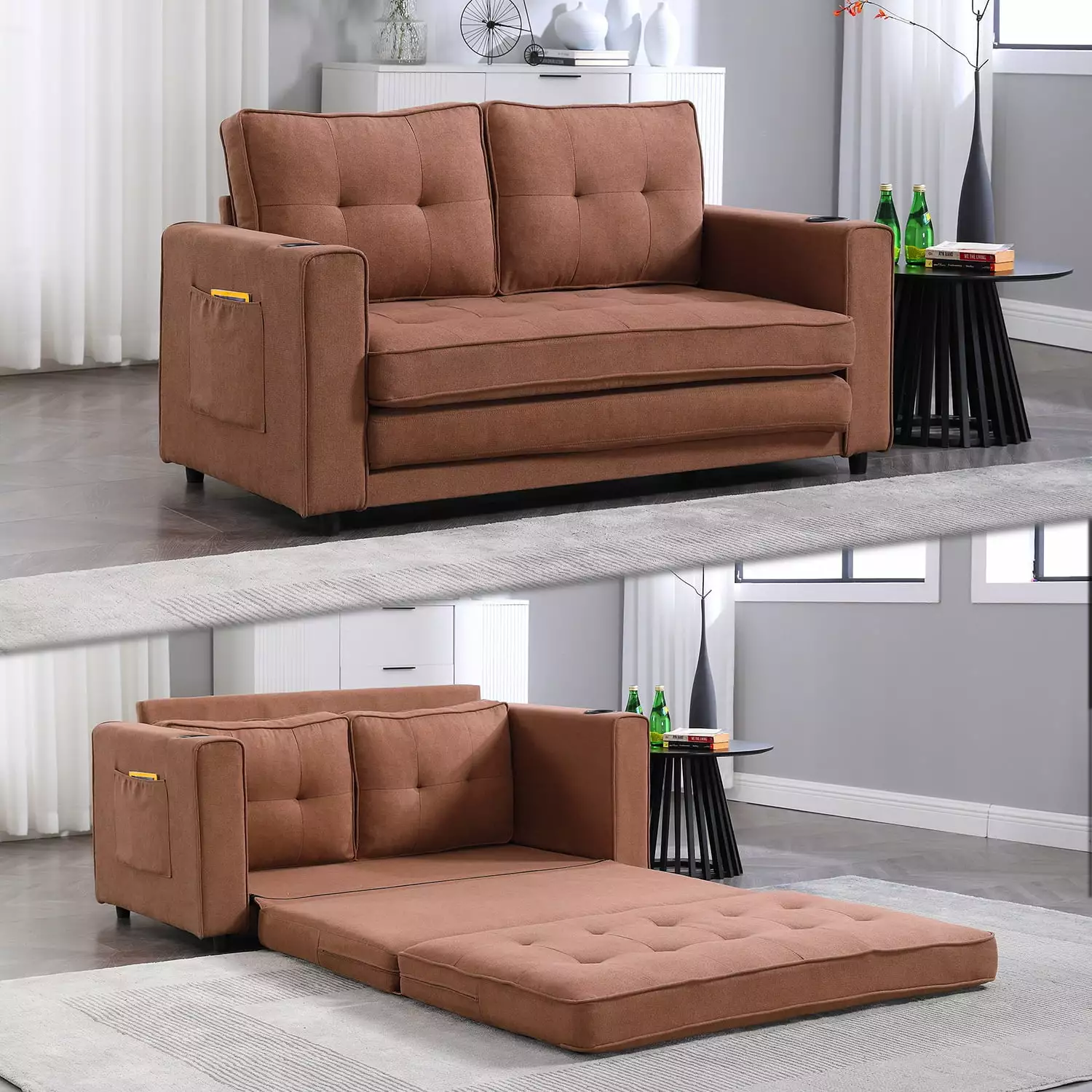 3-in-1 Brown Upholstered Futon Sofa Bed - Convertible Loveseat with Pull Out Sleeper. Tufted Design. and Side Pockets for Living Room