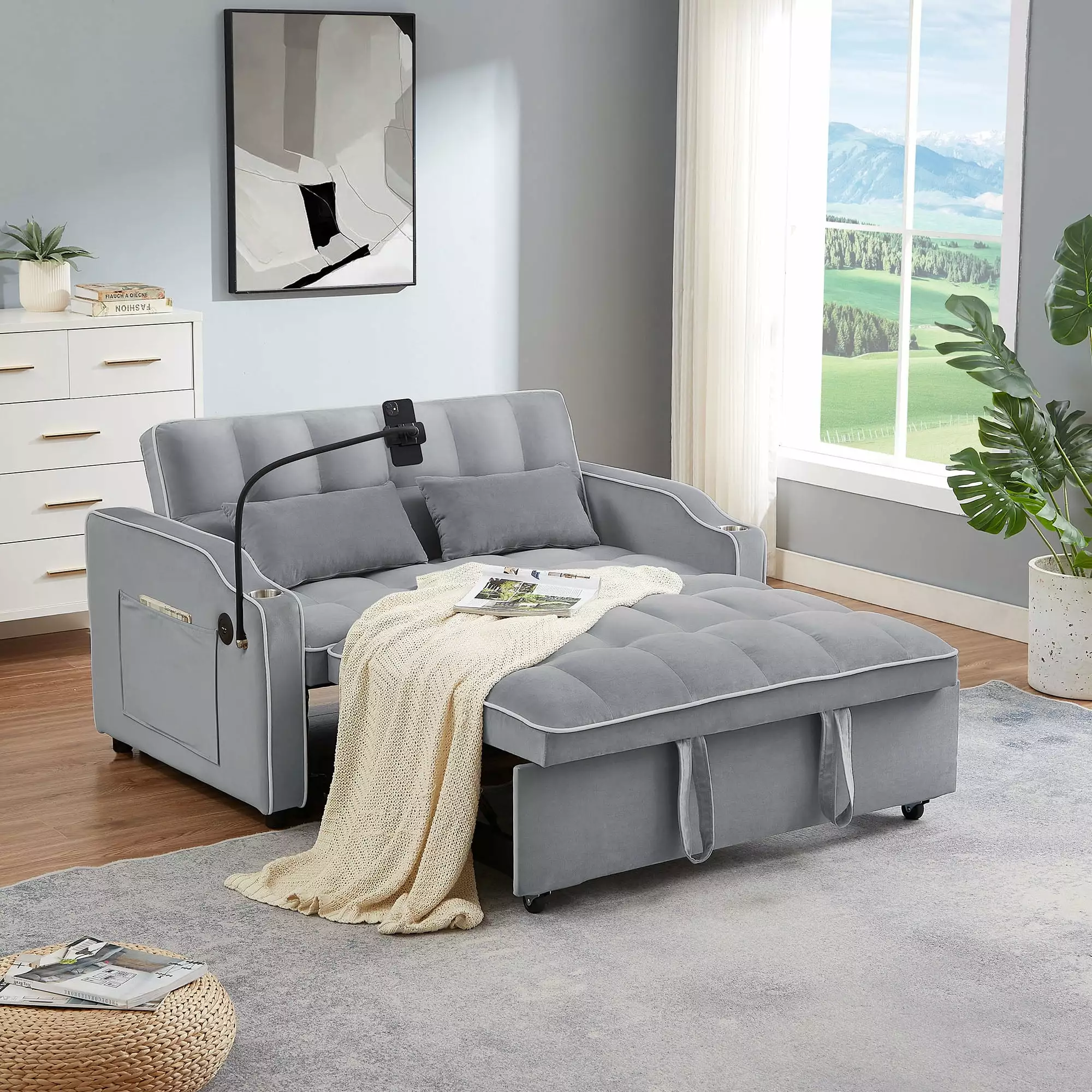 3-in-1 Convertible Pull Out Sleeper Loveseat Sofa Bed.Adjustable Lounge Recliner Futon Sof?? Chair Upholstered Double -Seat Couches with Reclining Backrest.Toss Pillows&Side Pockets for Living Room