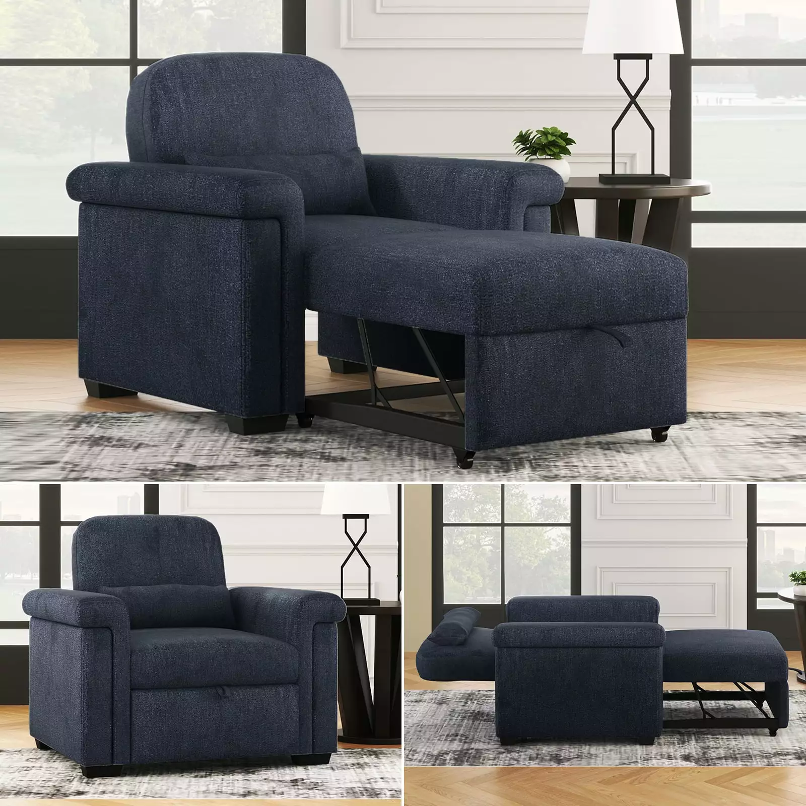 3-in-1 Convertible Sleeper Chair Sofa Bed. Pull-Out Couch with Adjustable Backrest and Pillow. Dark Blue