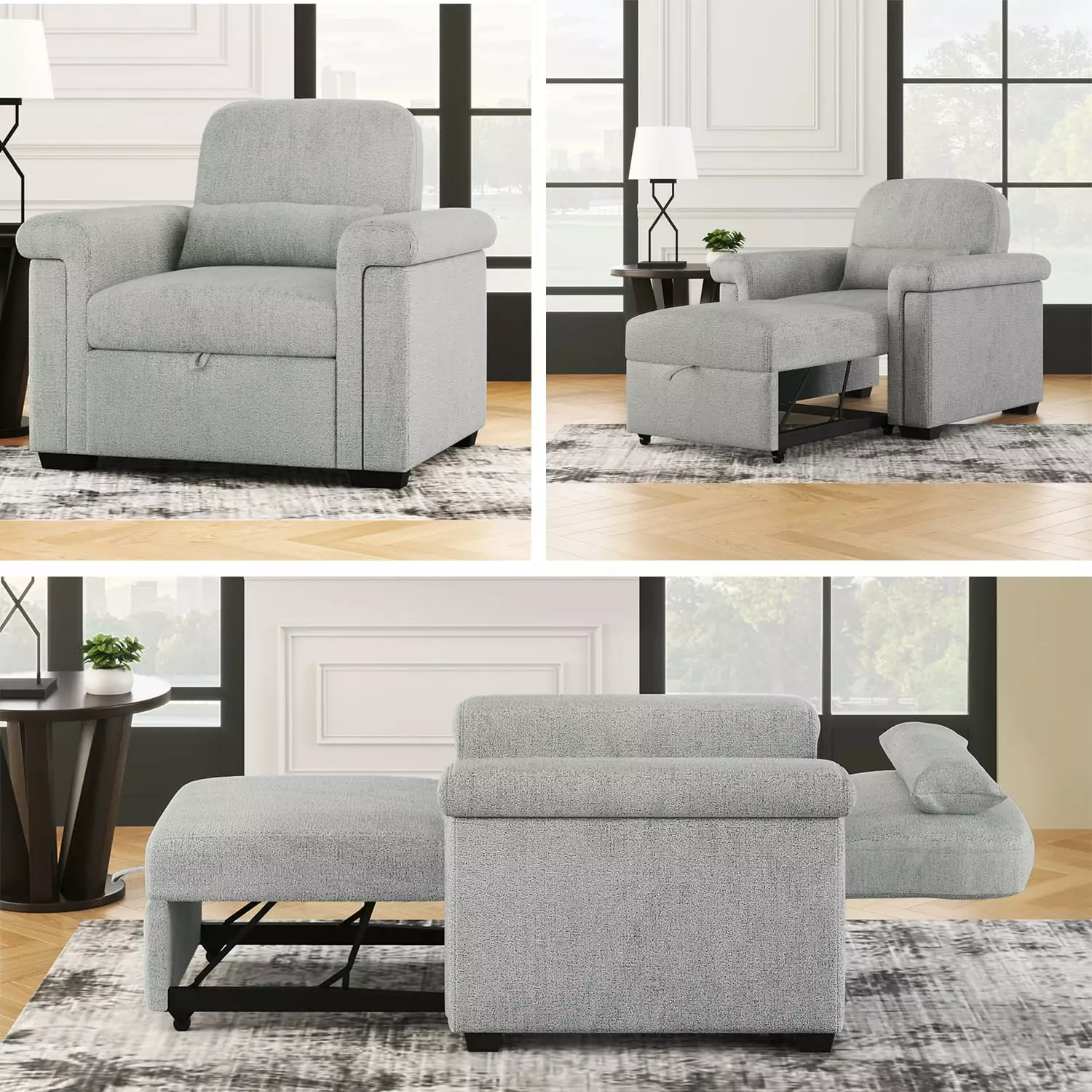 3-in-1 Convertible Sleeper Chair Sofa Bed. Pull-Out Couch with Adjustable Backrest and Pillow. Gray