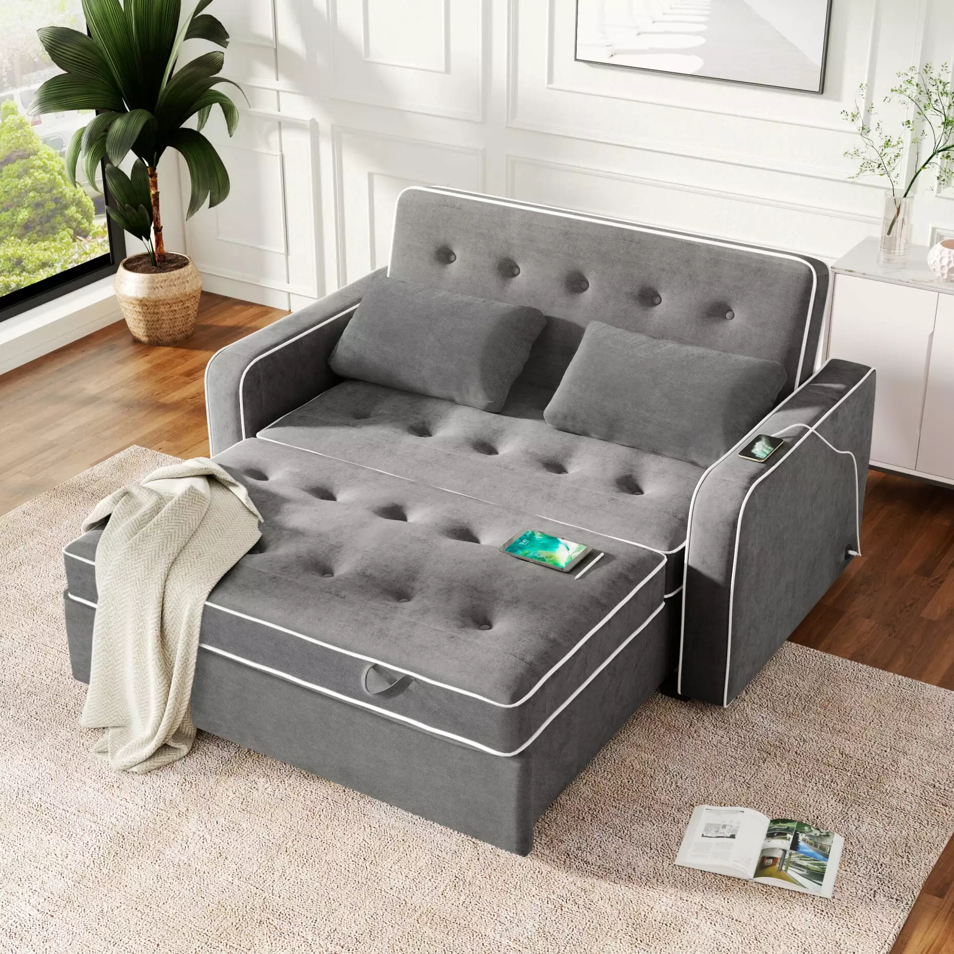 3-in-1 Linen Upholstered Sleeper Sofa Bed Chair with Adjustable Backrest & Dual USB Charging Port & 2 Throw Pillow. Multifunctional Recliner Sofa Bed with Thick Mattress for Living Room. Charcoal Gray