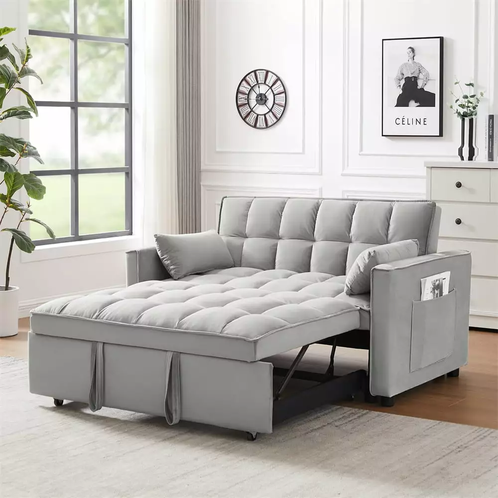 3 in 1 Velvet Convertible Sleeper Futon Sofa with Pullout Bed. Loveseat Lounge Couch with Reclining Backrest. Toss Pillows and Pockets