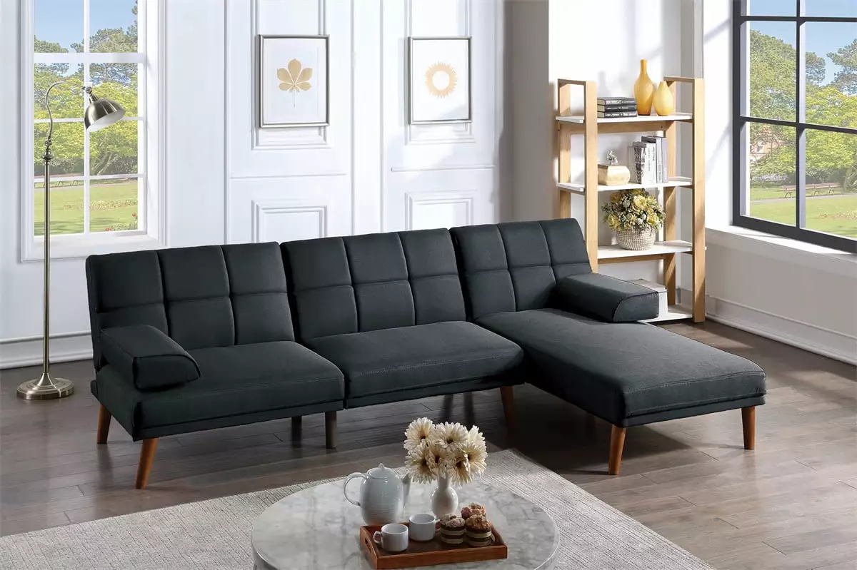 101'' Sectional Sofa Set. Tufted Couch Adjustable Sofa Chaise with Solid Wood Legs & Removable Pillows. Convertible Sleeper Sofa Loveseat Couch Recliner Back Modern Day Bed for Living Room. Black