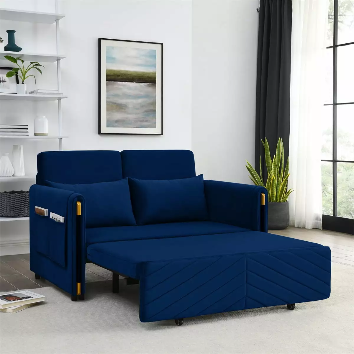 54 Modern Convertible Sofa Bed with 2 Detachable Arm Pockets. Velvet Loveseat Multi-Position Adjustable Sofa with Pull Out Bed with Bedhead and 2 Pillows. Sofa Couch for Living Room. Blue