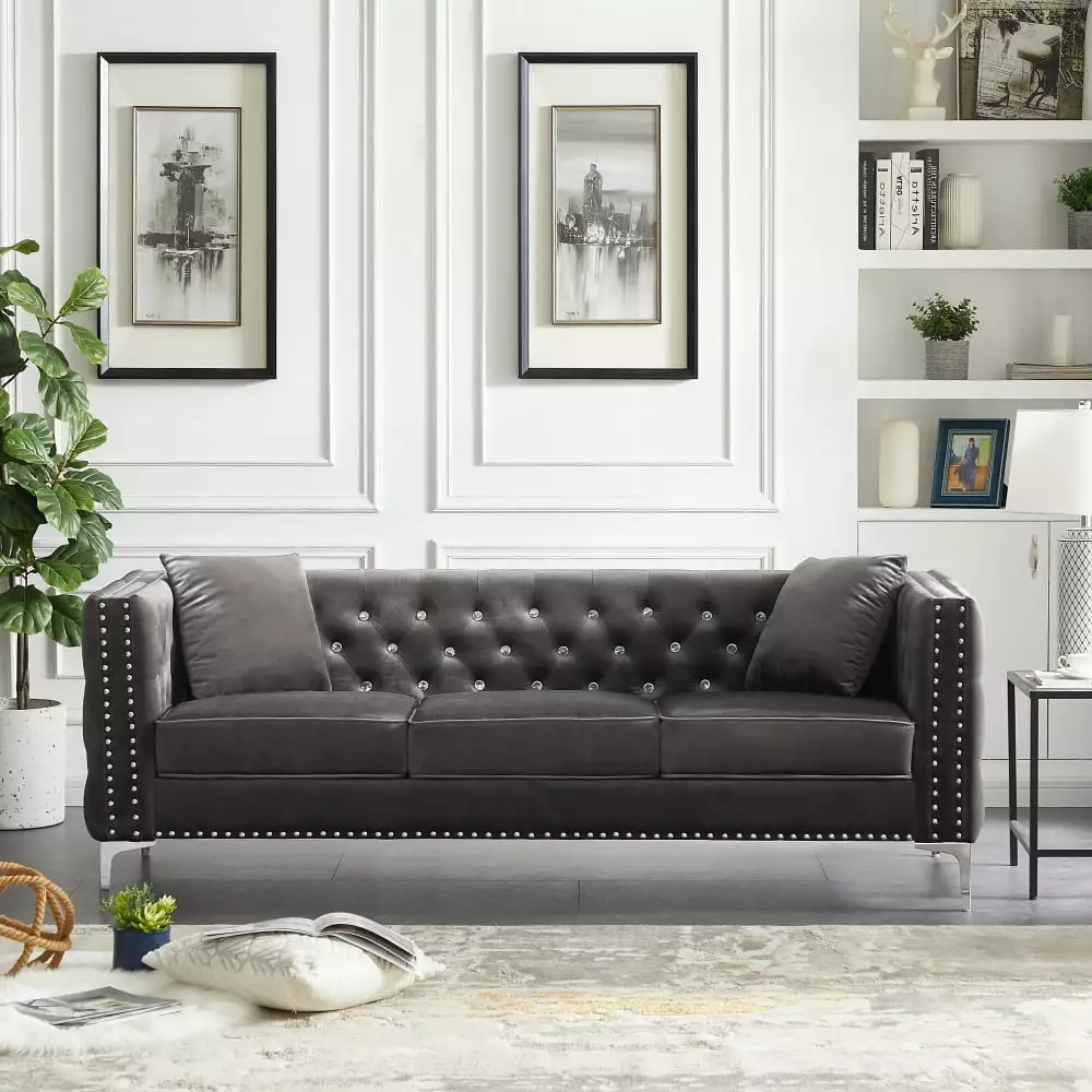 Holaki 82.3 Width Modern 3-Seat Velvet Sofa Tufted Square Arm Couch with Jeweled Buttons and 2 Pillows . Grey