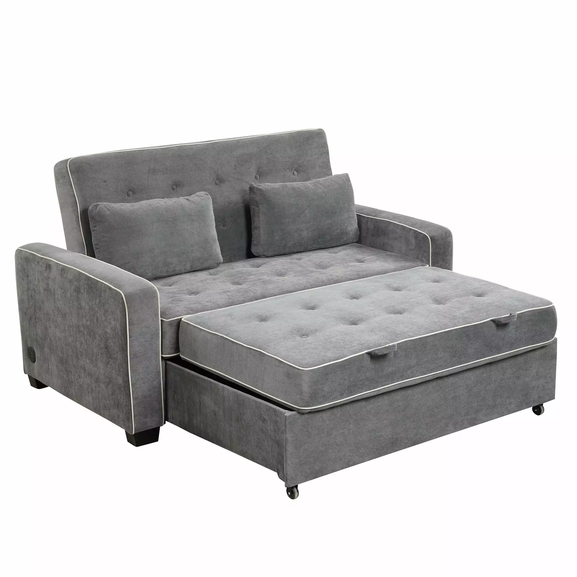 Clearance! Linen Upholstered Sleeper Bed . Pull Out Sofa Bed Couch attached two throw pillows.Dual USB Charging Port and Adjustable Backrest for Living Room Space.Gray