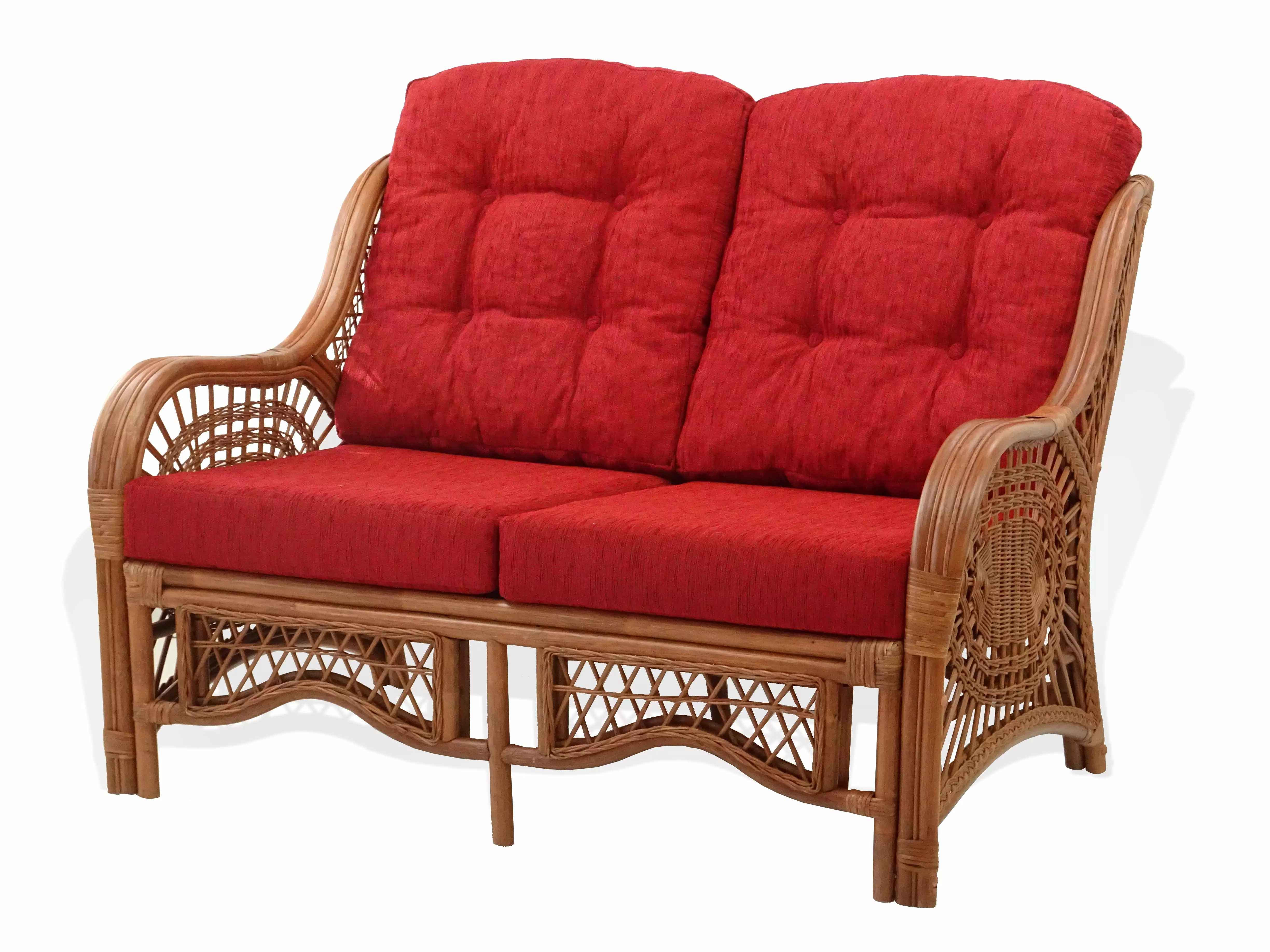 Malibu Lounge Loveseat Sofa ECO Natural Rattan Wicker Handmade Design w/Burgundy Cushions. Colonial