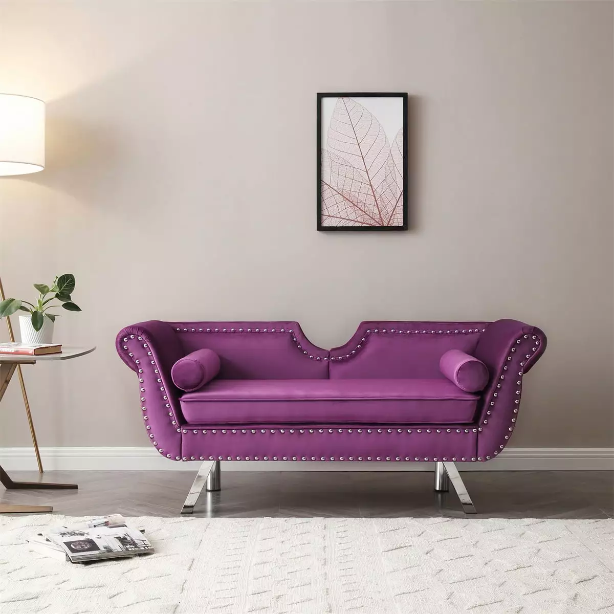 61'' Loveseat Sofa. Velvet Upholstered Couch with 2 Pillows. Living Room Accent Sofa with Rolled Arm and Nailhead Trim. Modern Arm Sofa with Curved Back and Metal Legs for Small Space. Purple