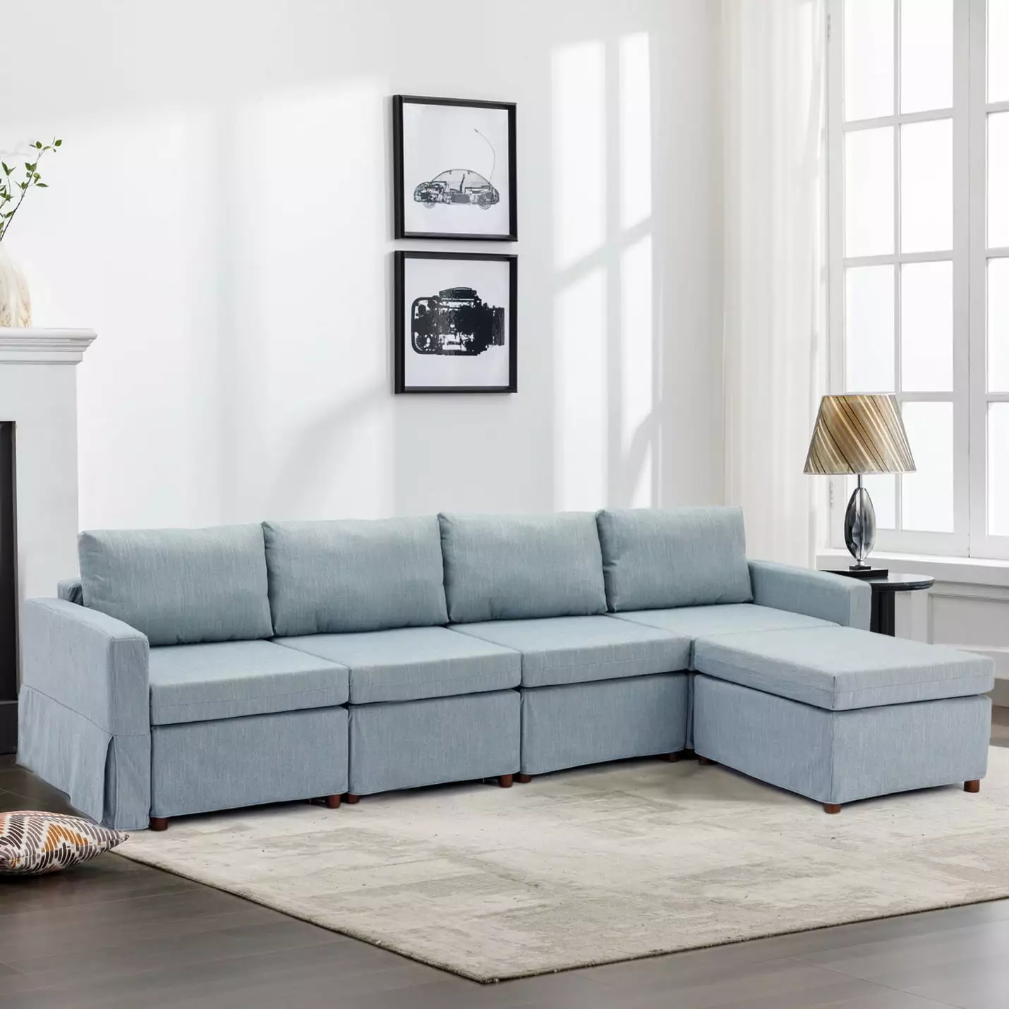 4 Seat Linen Fabric Module Sectional Sofa with 1 Ottoman. Customizable Sectional Sofa Couch. Accent ArmChair with Pillow. Comfy Modular Sofa for Living Room .Apartment. Home and Office. Light Blue