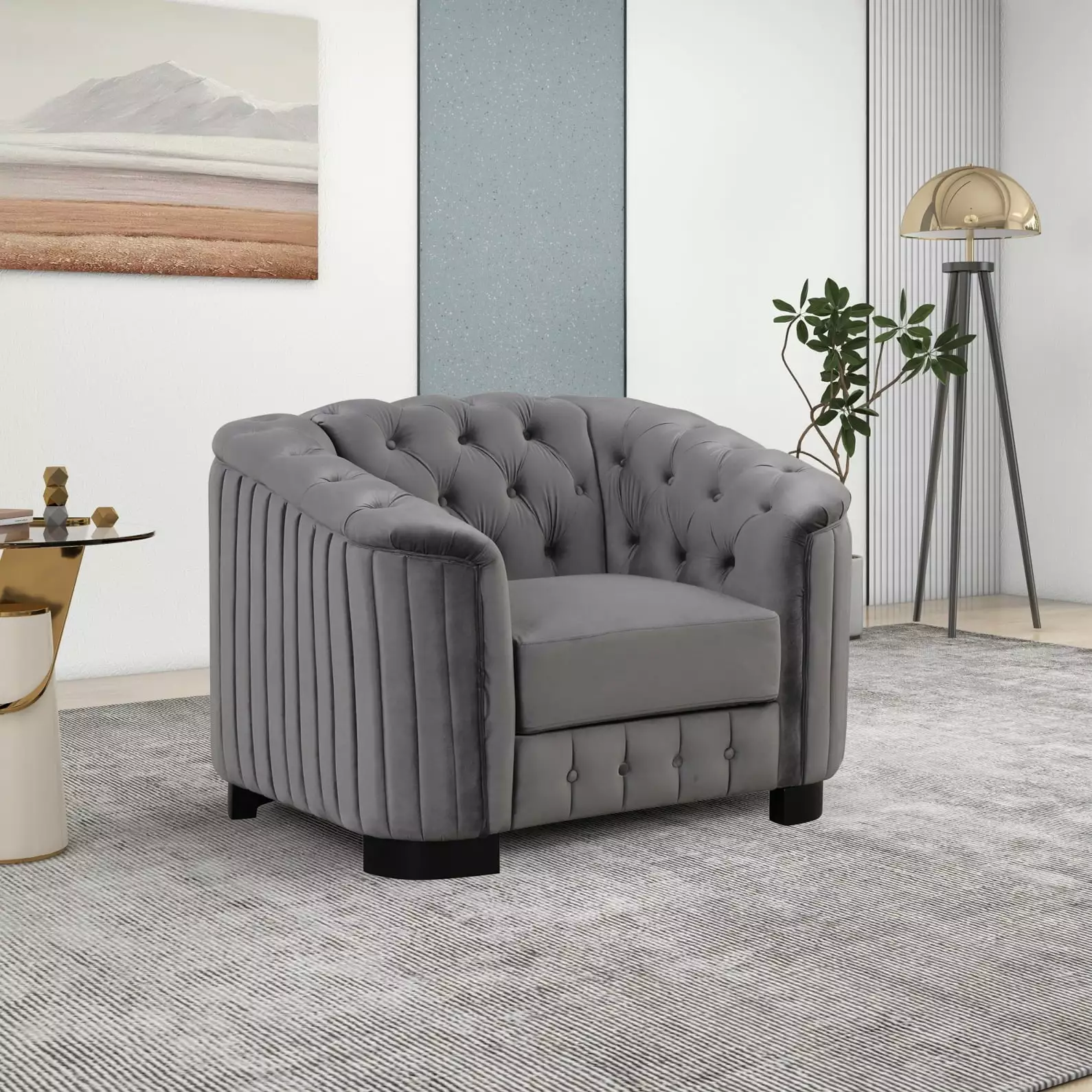 41.5 Inch Accent Single Sofa Chair. Modern Velvet Upholstered Sofa with Button Tufted Back and Solid Wood Legs. Leisure Sofa Couch for Apartment. Bedroom. Living Room. Lounge. Office. Gray