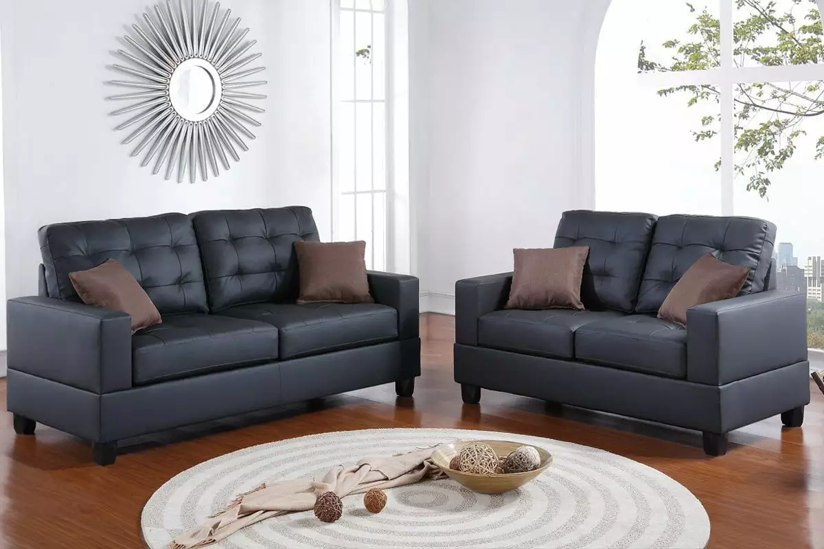 2Pcs Modern Black Faux Leather Sofa Loveseat with Accent Tufting and Light Stitching