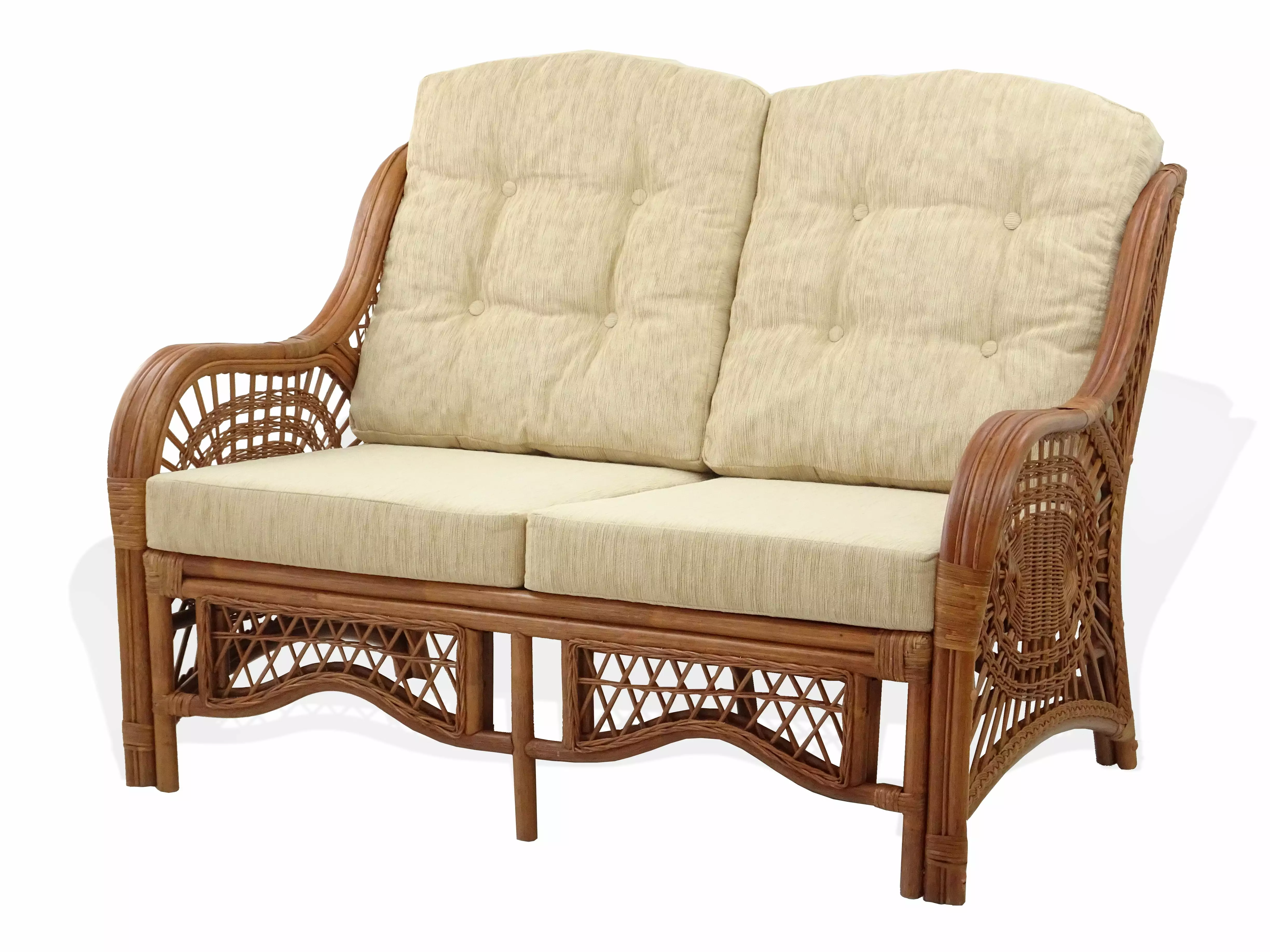 Malibu Lounge Loveseat Sofa ECO Natural Rattan Wicker Handmade Design w/Cream Cushions. Colonial