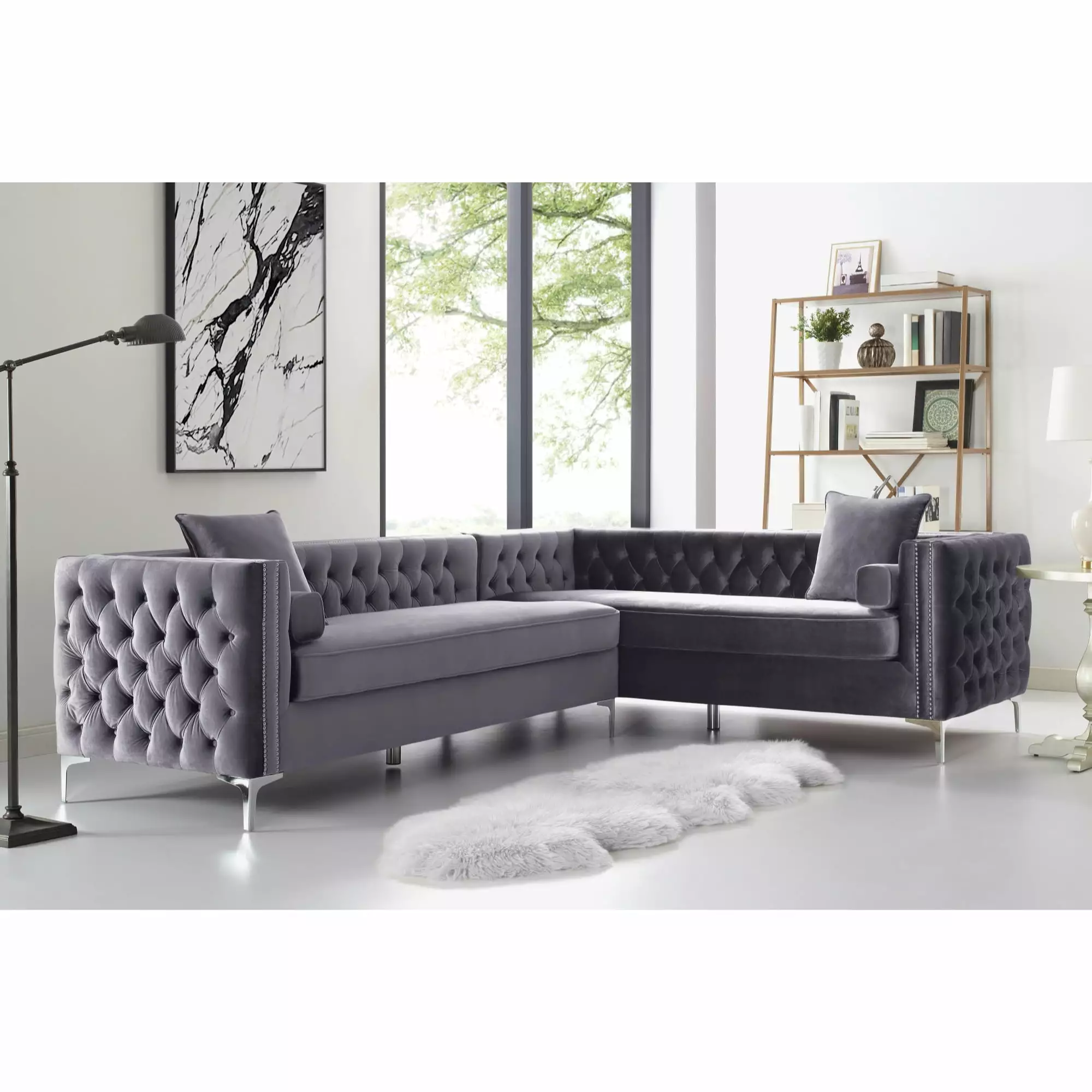 Inspired Home Sania Velvet Corner Sectional Sofa 120 Right Facing Button Tufted Nailhead Trim. Grey