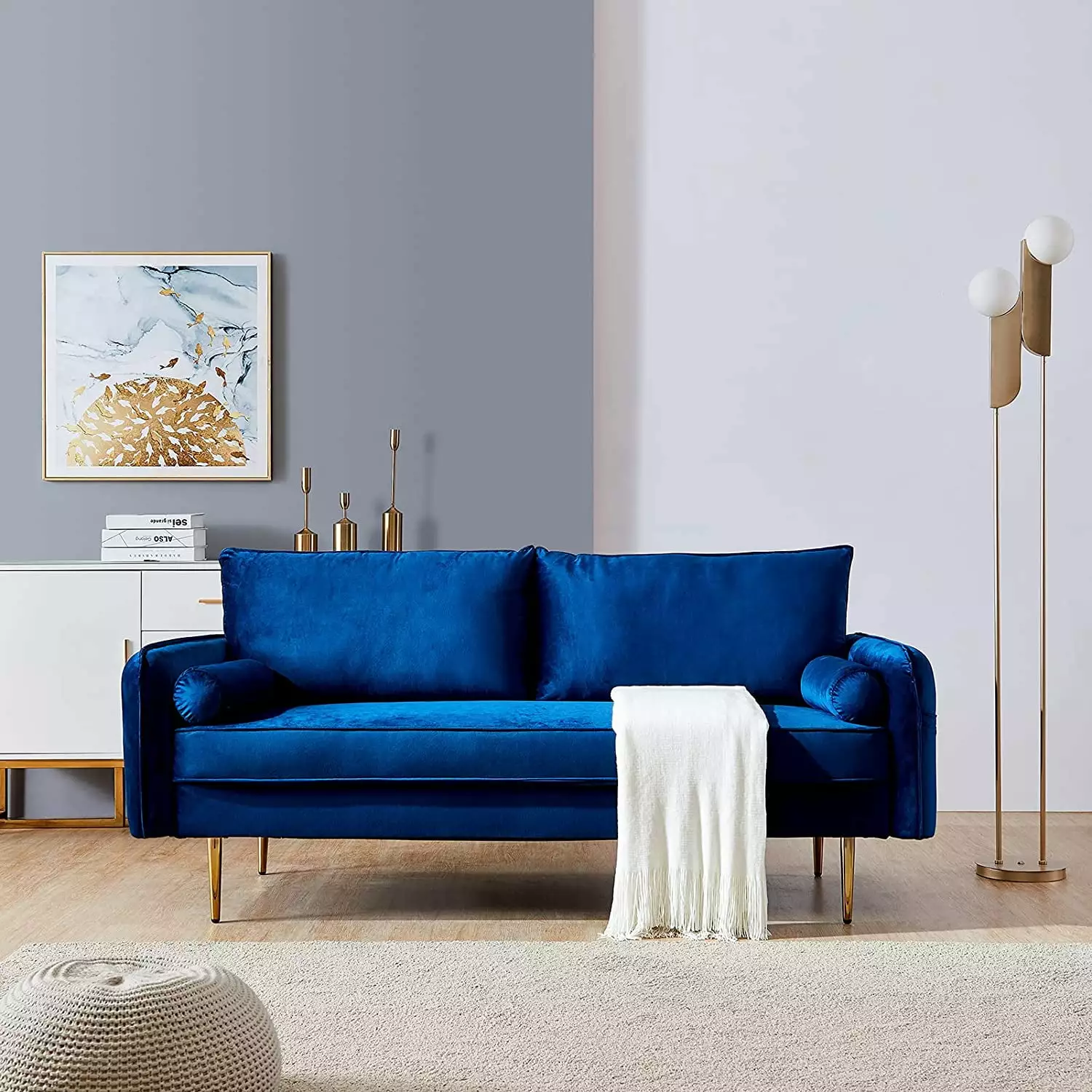 Modern Velvet Loveseat Sofa for Living Room.Upholstered Velvet Fabric Sofa.Sectional Sofa Couch with Side Storage Pocket & 2 Small Pillows Blue