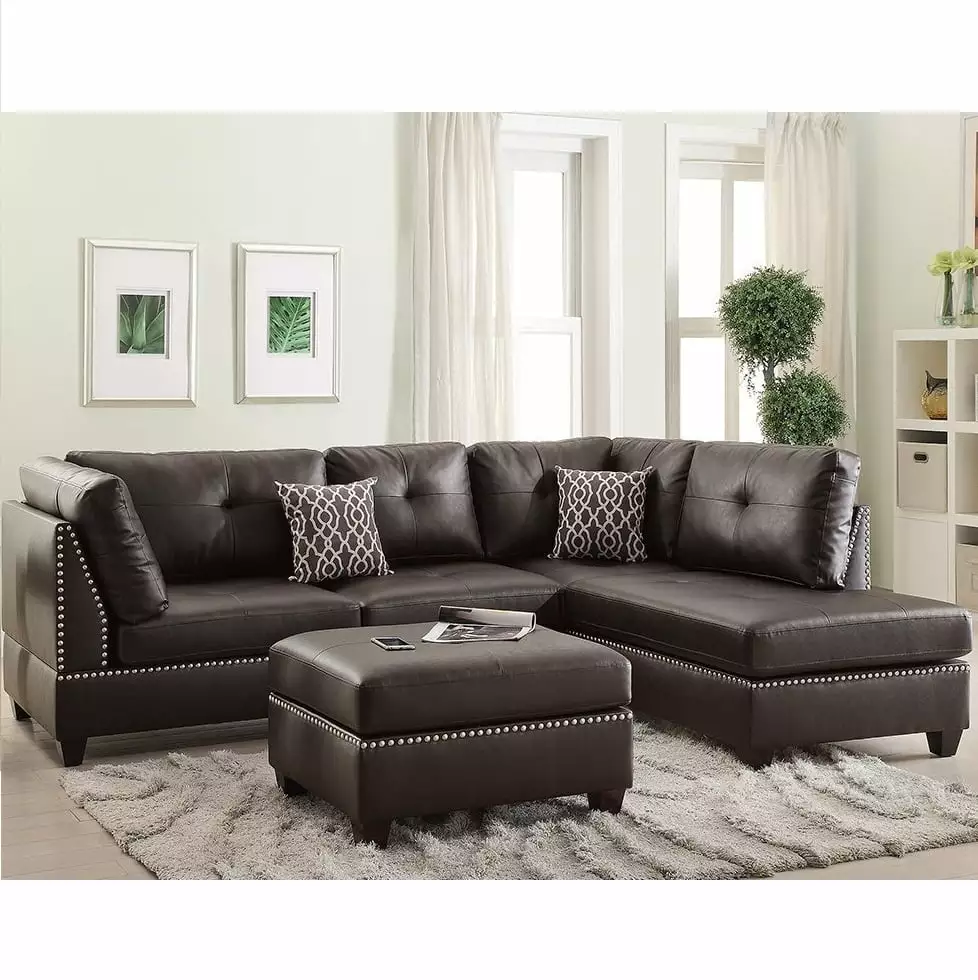 Bonded Leather Left or Right Hand Chaise Reversible SECTIONAL Set with Ottoman in Espresso