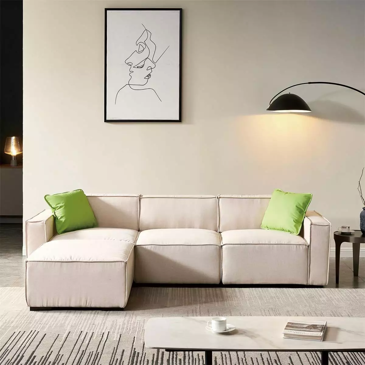 Modular Sofa with 2 Pillows. L-Shaped Sectional Sofa with Convertible Ottoman Chaise. Upholstered Corner Sofa with 2 Square Arm. Modular Sectional Accent Sofa for Living Room Apartment. Beige