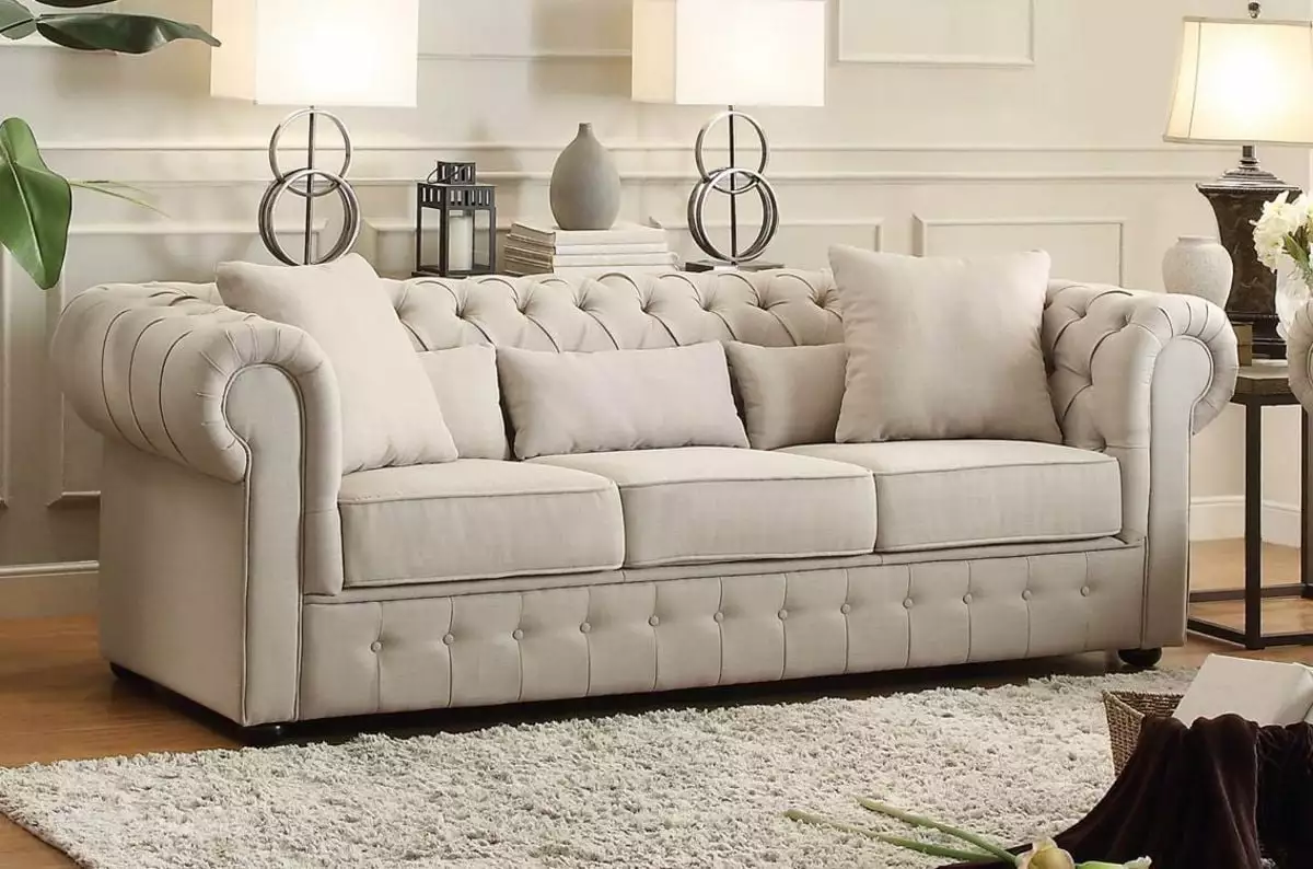 Leonora Sofa - Button Tufted Neutral Fabric