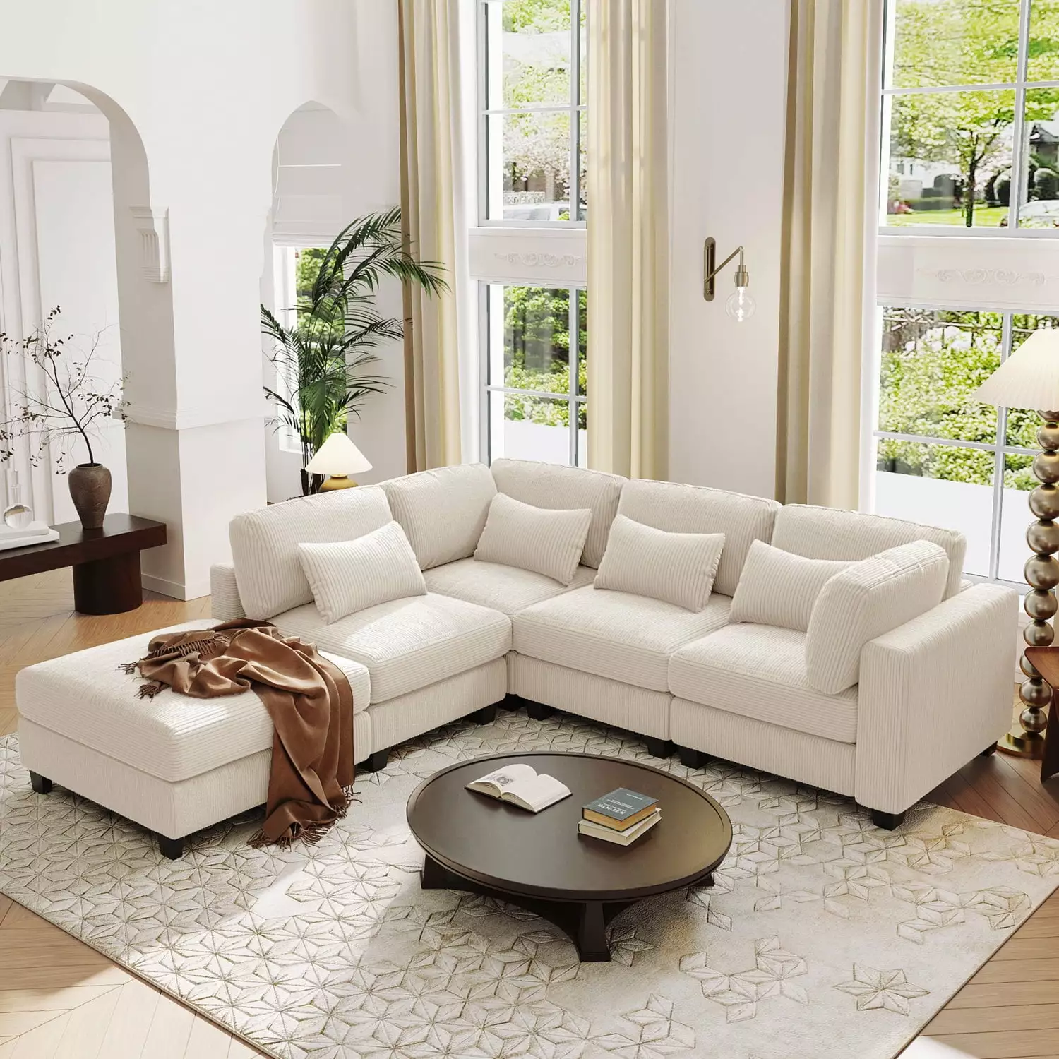 5 Seat L-Shaped Corduroy Couch Sofa with Removable Ottomans and Comfortable Waist Pillows. Beige