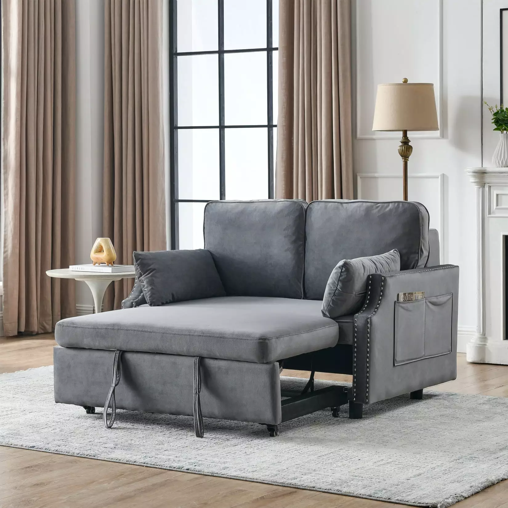 50 Convertible Sofa Bed with 2 Pillows. Nailhead Trim Velvet Sleeper Sofa with Adjustable Backrest. Loveseat Sofa with Pull Out Bed and Side Pockets for Living Room. Bedroom. Office. Gray