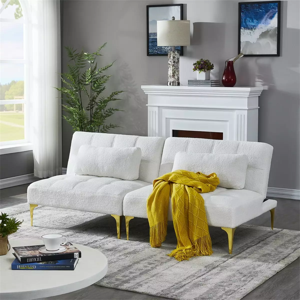 Sofa Bed. Convertible Couch Bed Futon. Armless Couches with Gold Metal Legs and Toss Pillow for Living Room Bedroom Apartment. White Teddy