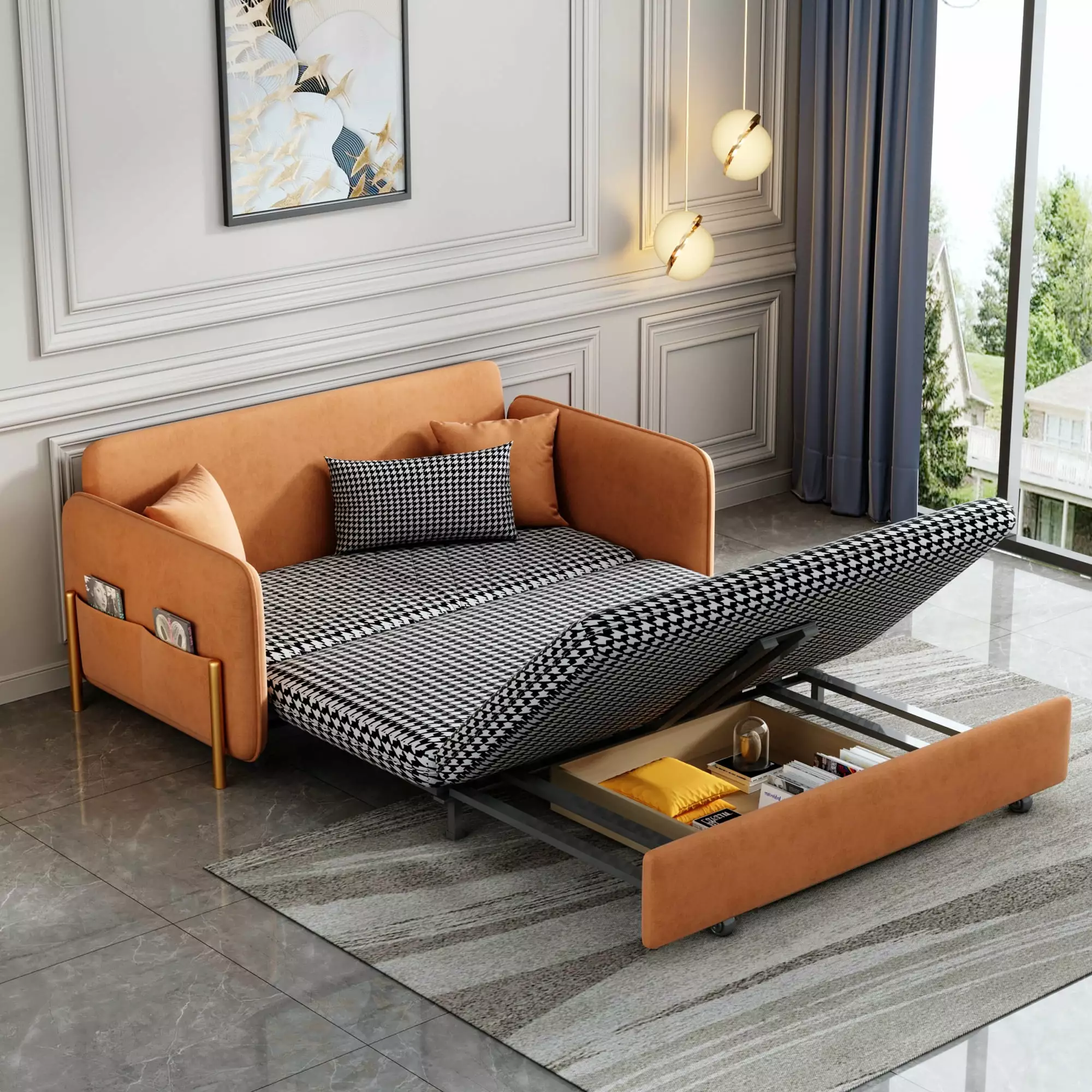 53.5 Full Sleeper Sofa Orange Upholstered Convertible Sofa Bed 3 in 1 Sleeper Sofa Couch Bed. Small Tufted Velvet Convertible Loveseat Futon Sofa w/Pullout Bed. Multi-Pockets for Living Room