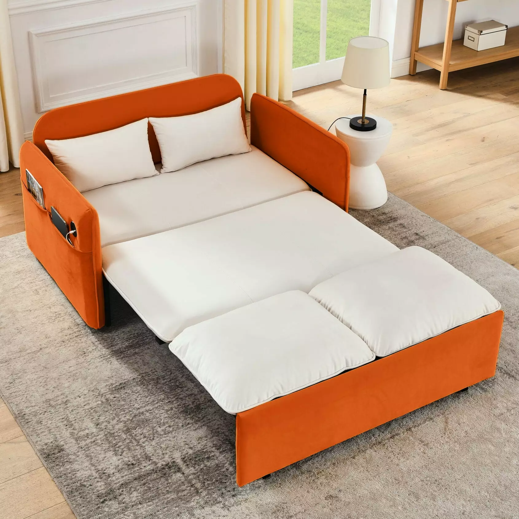 53 Convertible Sleeper Sofa Bed. Modern Adjustable Recliner Loveseat Sofa with Removable Armrests. USB Port. Pillows. Accent Couch Bed for Living Room. Apartment. Bedroom. Office. Beige + Orange