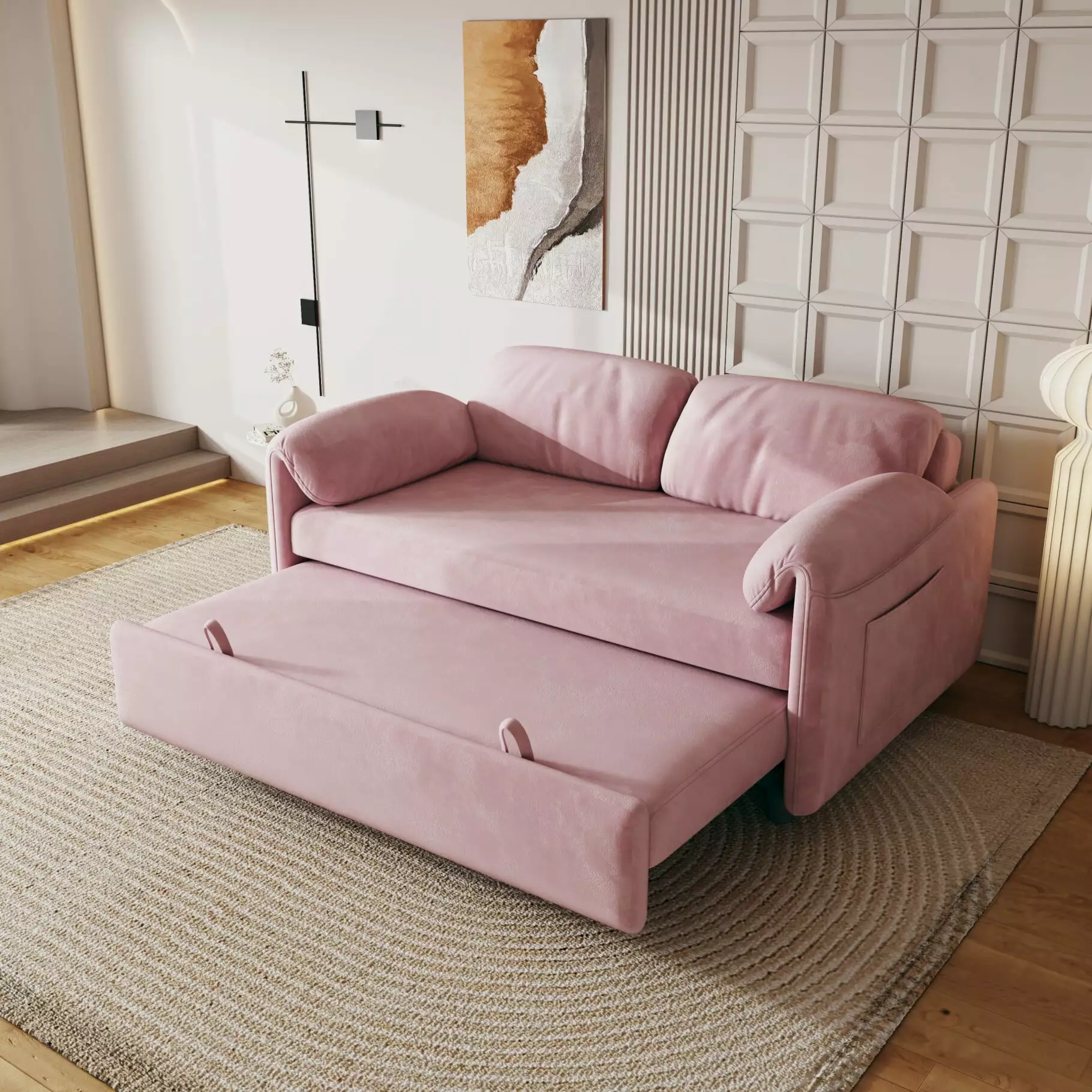 54 Convertible Sofa Bed. Modern Sleeper Sofa with Retractable Bed. Velvet Upholstered Loveseat Sofa with Adjustable Backrest and 2 Pillows. for Office Living Room Bedroom. Pink