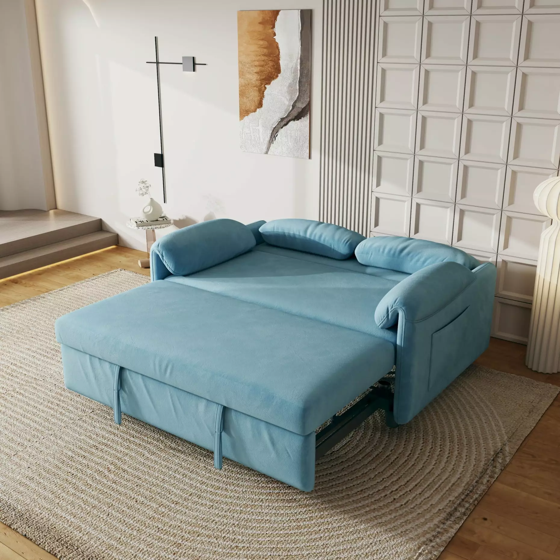 54 Convertible Sofa Bed. Velvet Upholstered Loveseat Sofa with Pull-Out Bed. Modern Sleeper Sofa with Adjustable Backrest and Side Pockets for Office. Living Room. Bedroom. Blue