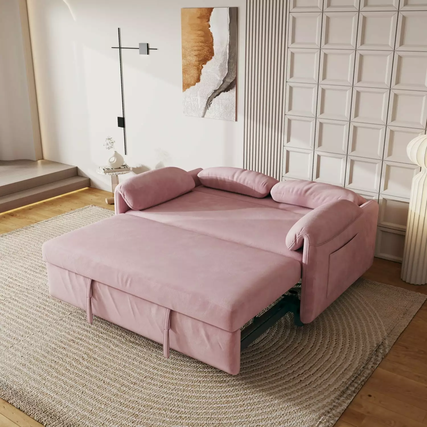 54-Inch Pink Velvet Sofa Bed - Multi-Purpose Retractable Living Room Couch - Comfortable Queen Bed Mode - Stylish and Practical - 54'' x 34'' x 29''