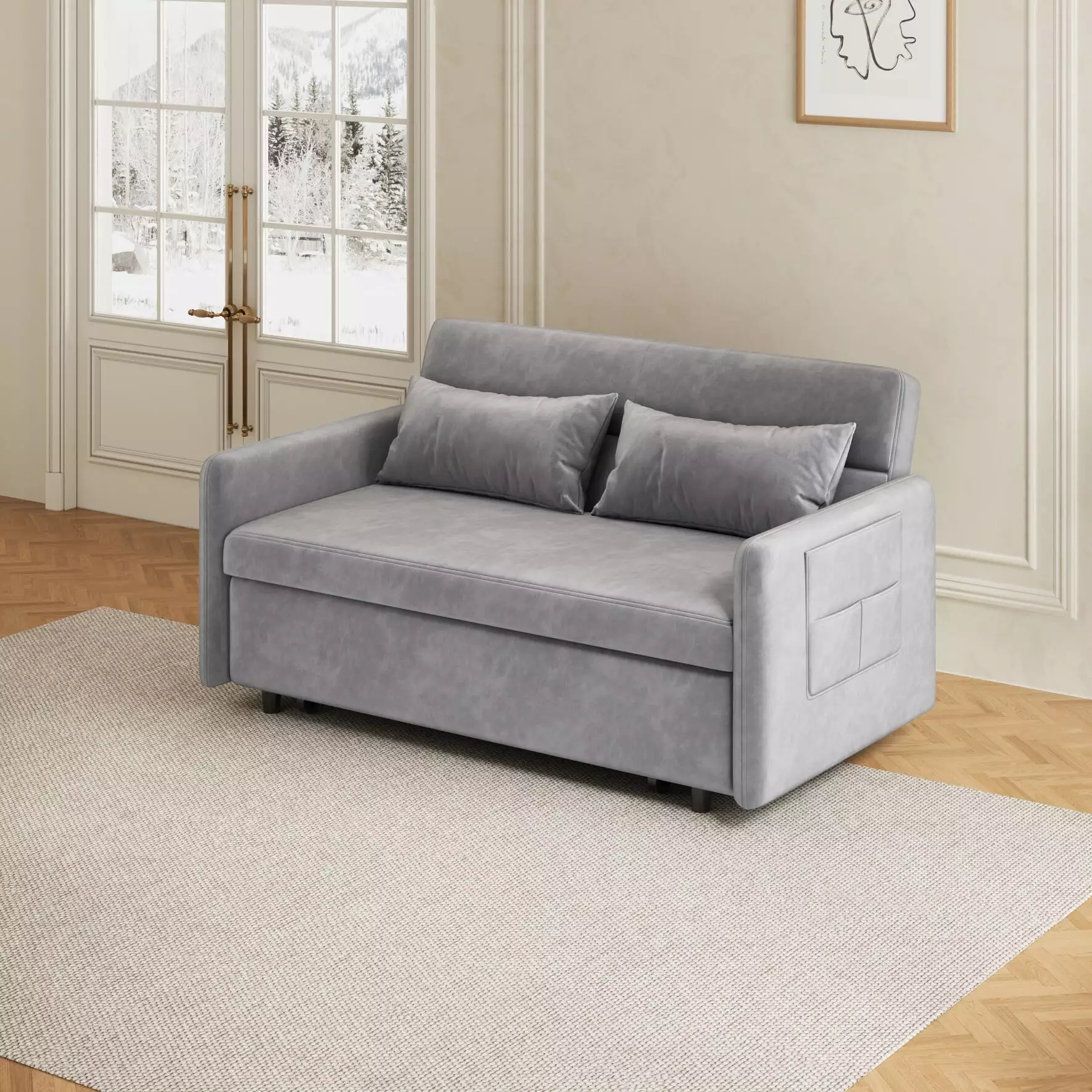 54 Pull Out Sofa Bed with 2 Pillowsa. Modern Oversized 2 Seater Velvet Couch with Adjustable Backrest & Storage Bag. Accent Upholstered Sleeper Sofa for Bedroom. Living Room. Office. Gray