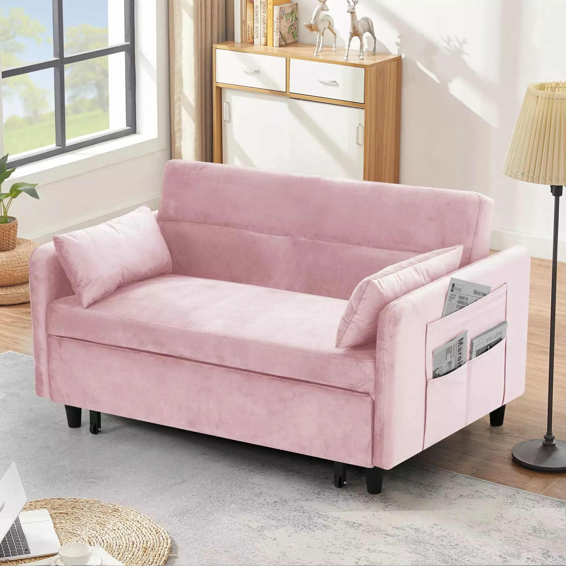 54 Sofa Pull Out Bed Included Two Pillows. Three Arm Pocket And 3 Levels Of Adjustable Backrest. Velvet Upholstered Sofa For Living Room. Apartments. Studios. Office. Pink